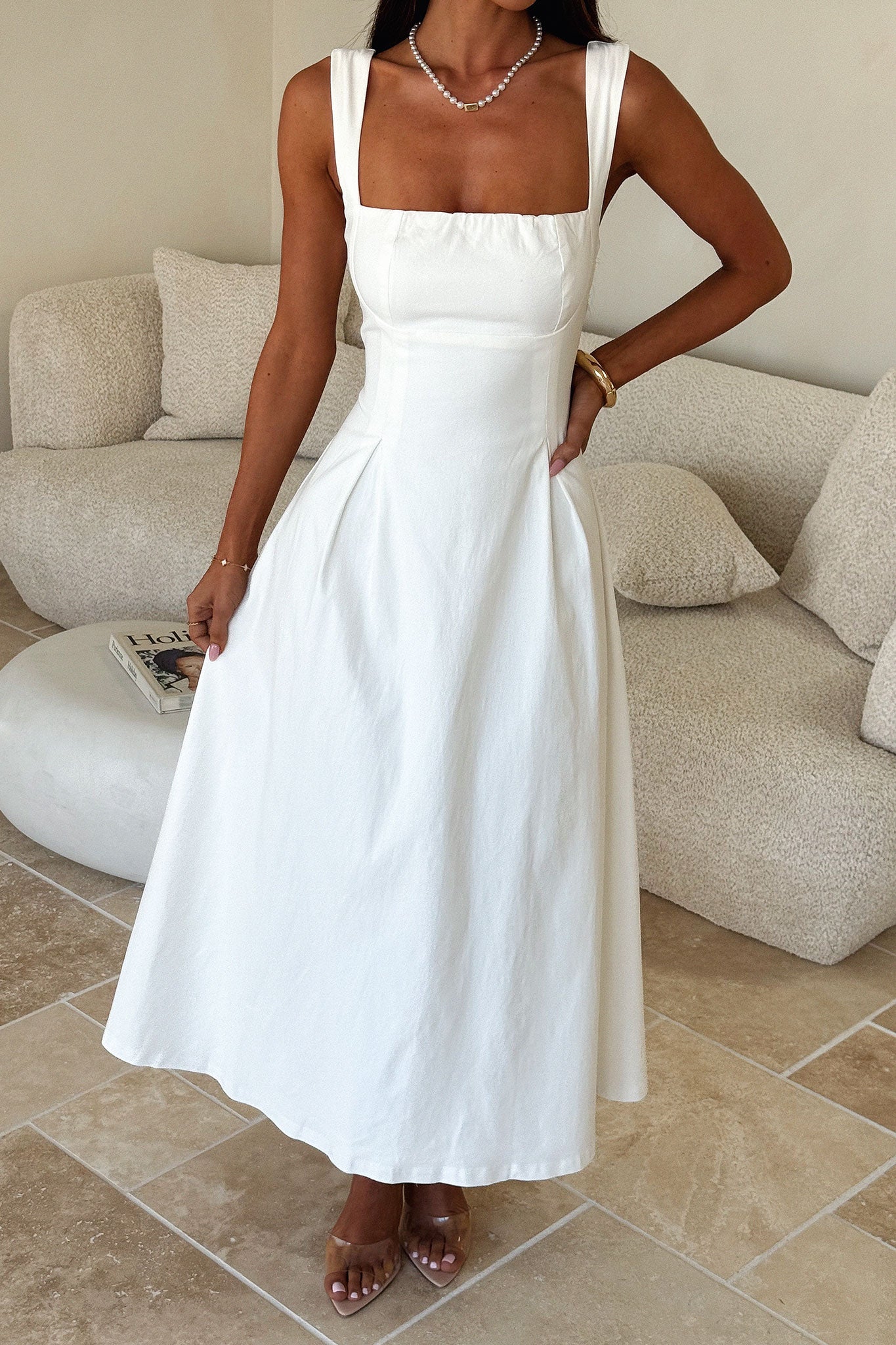 Chantelle Square Neck Midi Dress - White - luluinthesky