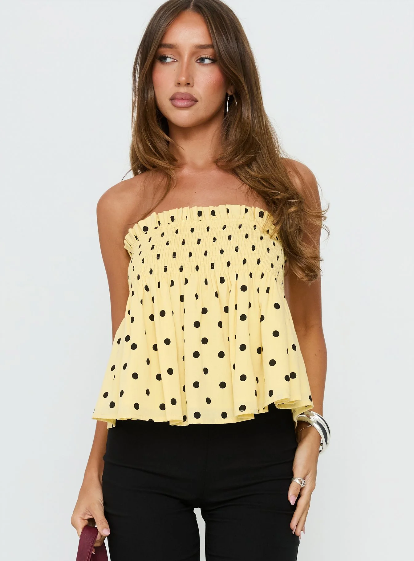 Peachy Keen Frill Cami Top Yellow Polka Dot