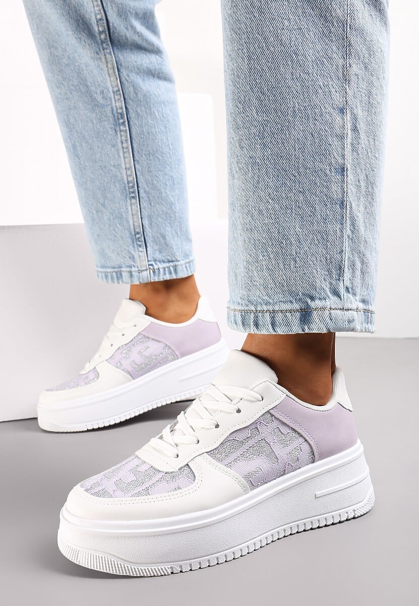 Biało-Fioletowe Sneakersy na Niskiej Platrofmie z Brokatowymi Wstawkami Enollas