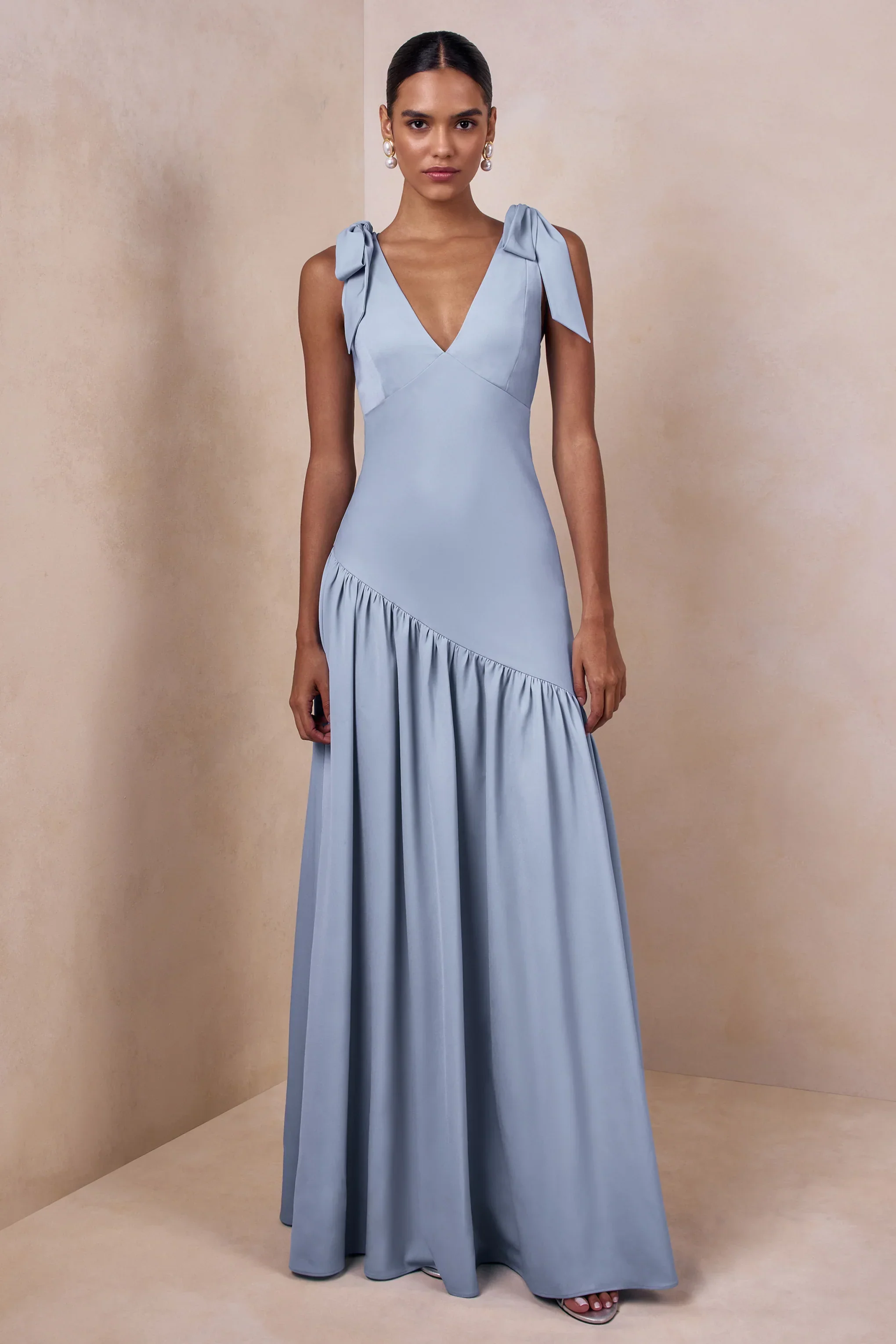 Cala | Powder Blue Satin Plunge-Neck Maxi Dress With Bow-Sleeves
