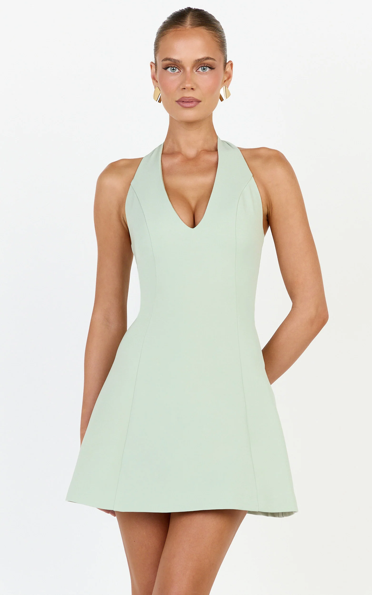 Saphine Mini Dress - Deep V Halter Neck A Line Mini Dress in Pistachio