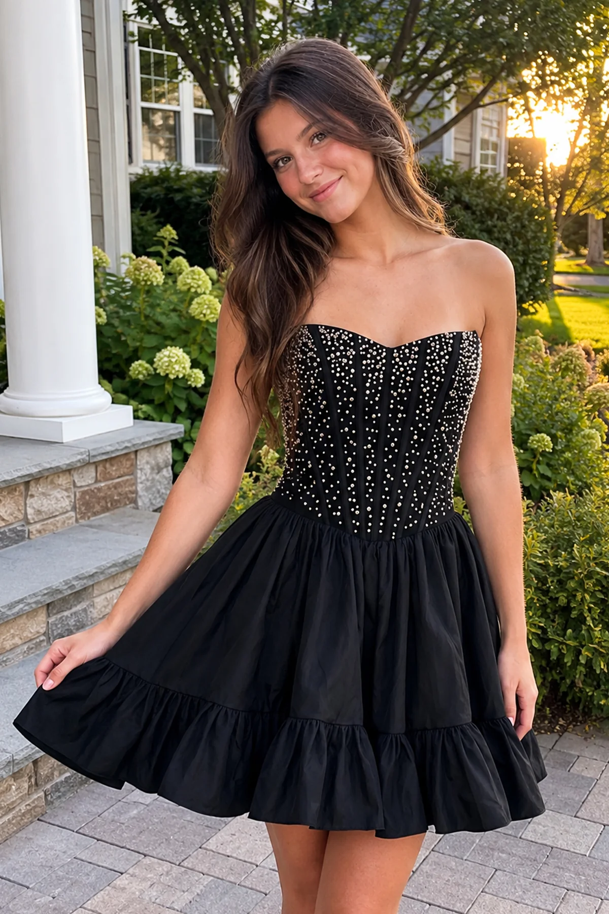 Pink Strapless A Line Satin Ruffles Homecoming Dresses With Pearls