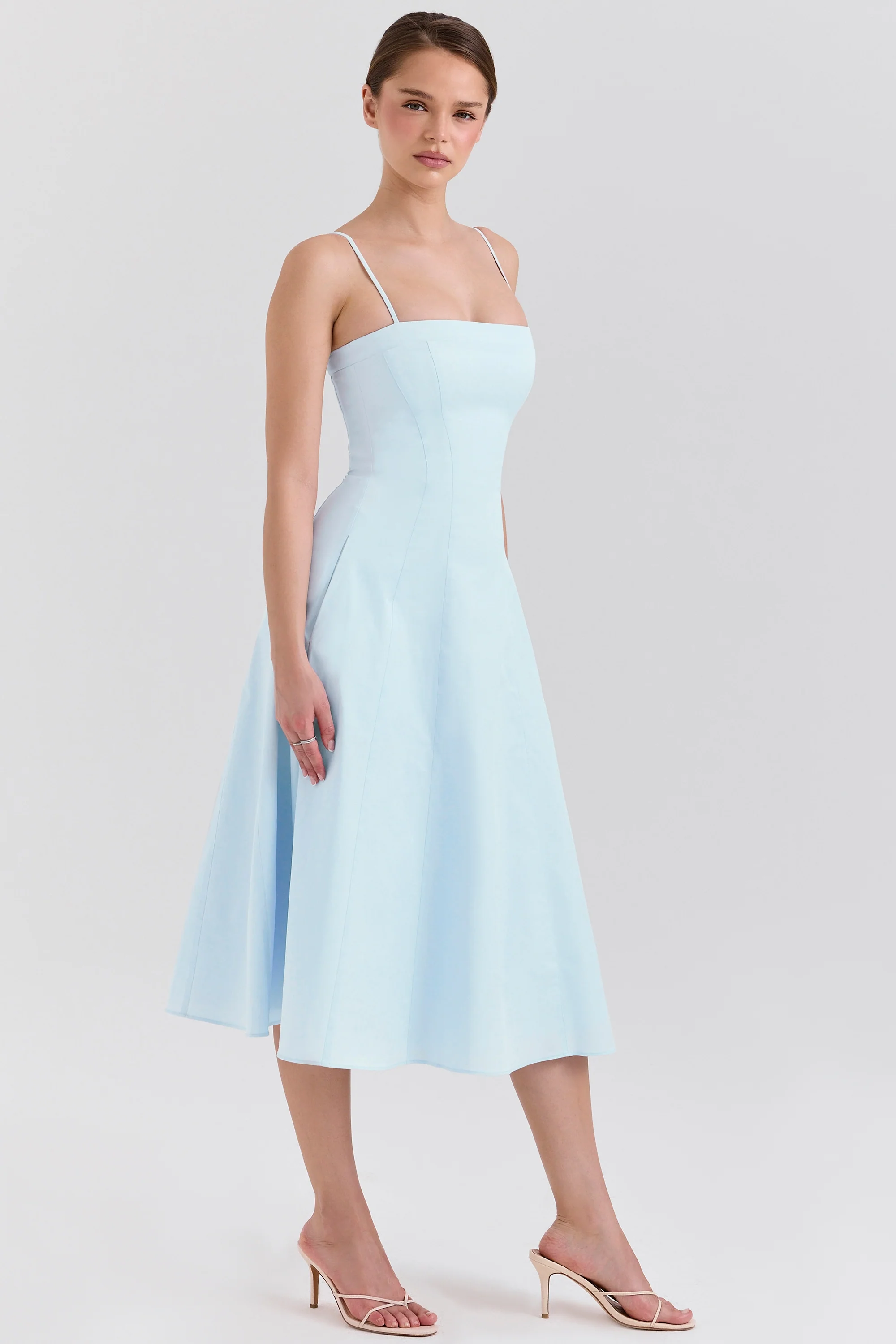 Soft Blue Stretch Cotton A-Line Midi Sundress