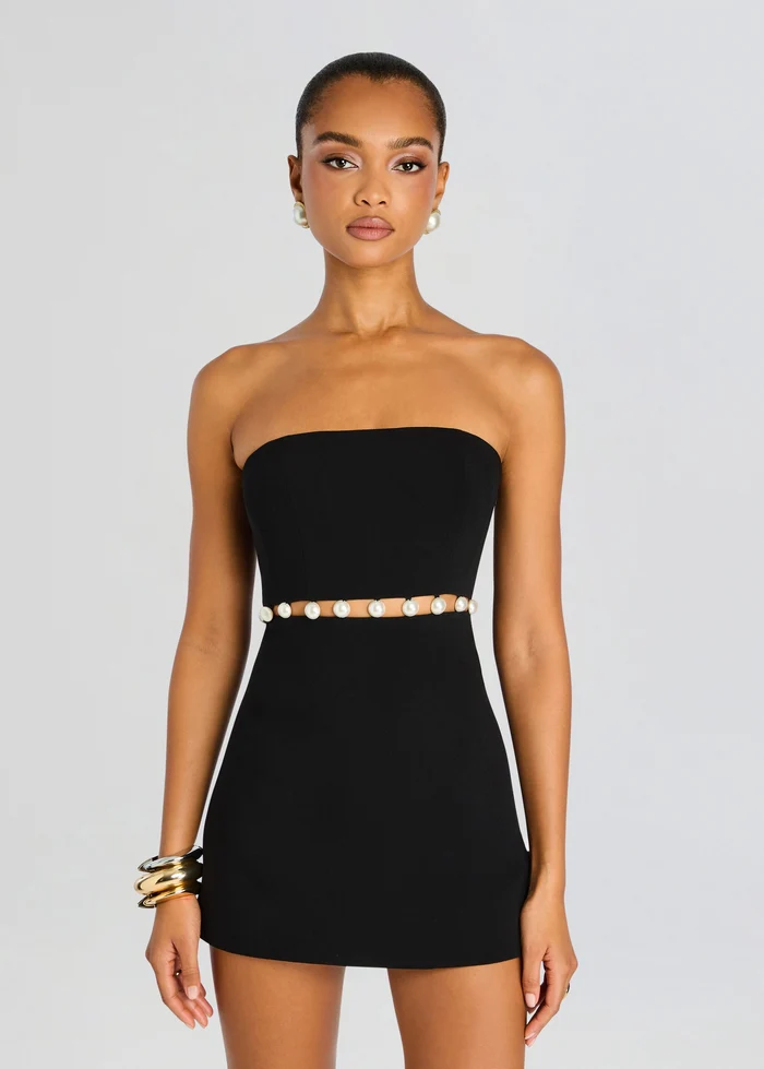 Strapless Black Mini Dress with Pearl Cutout Waist