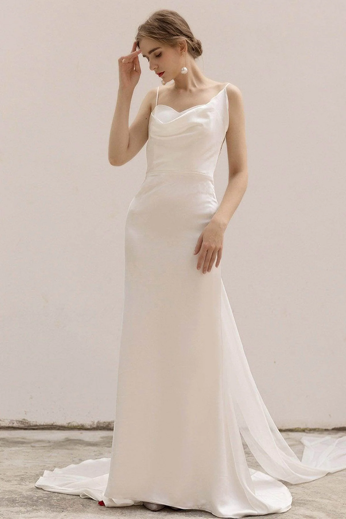 Sheath-Column Sweep-Brush Train Satin Wedding Dress CW3039
