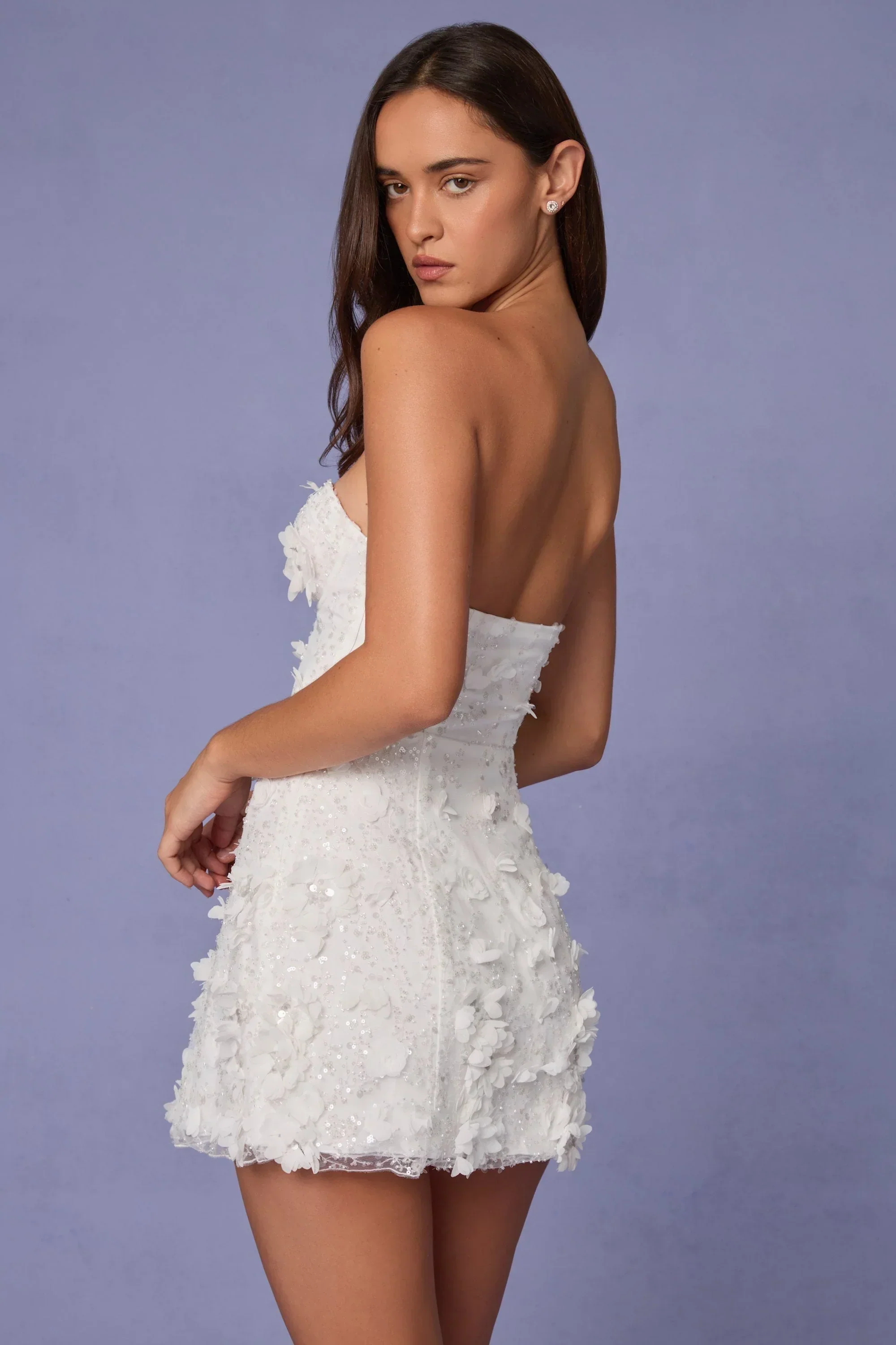 Embellished Bandeau A-Line Mini Dress In White