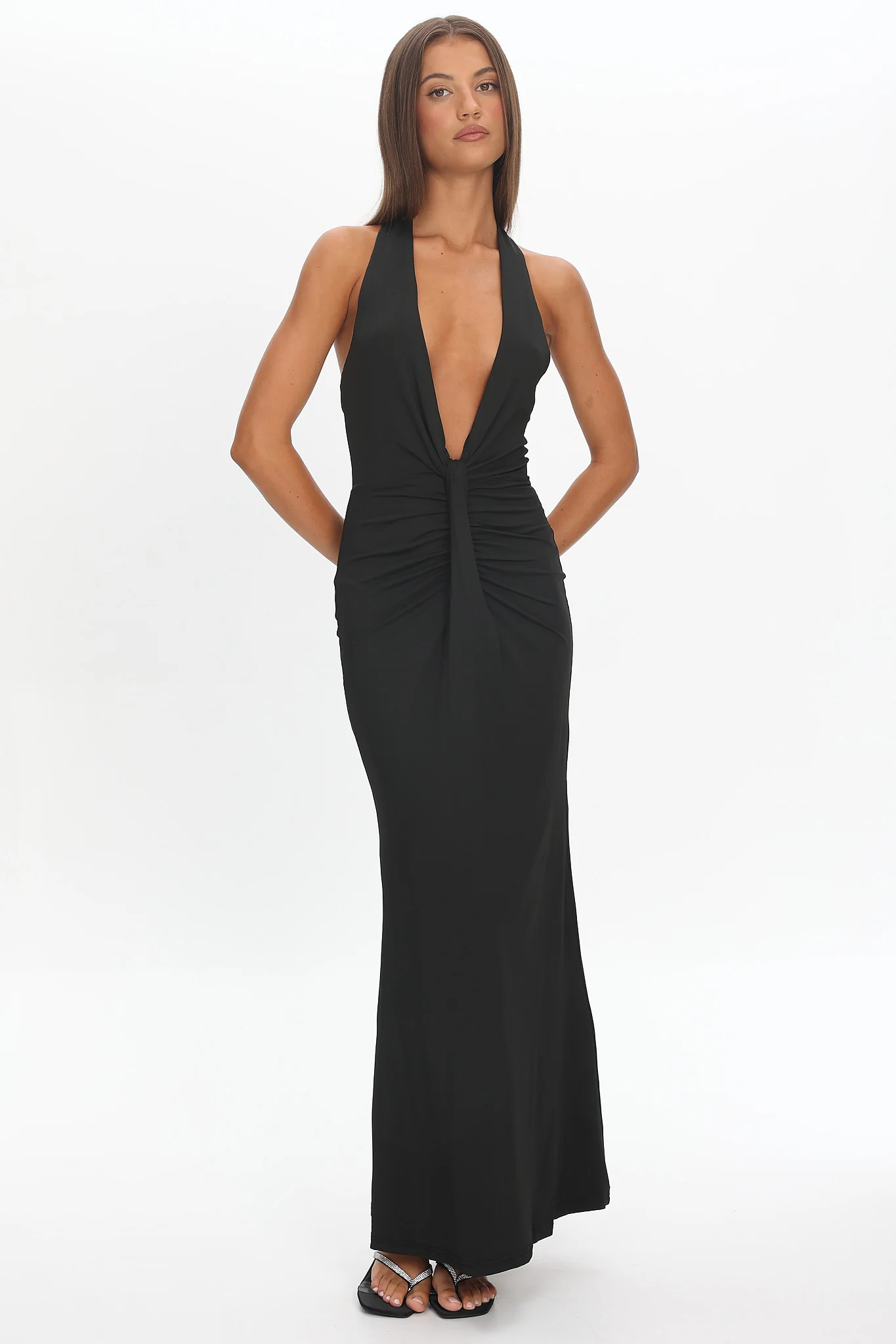 Make Believe Plunging Halterneck Maxi Dress Black