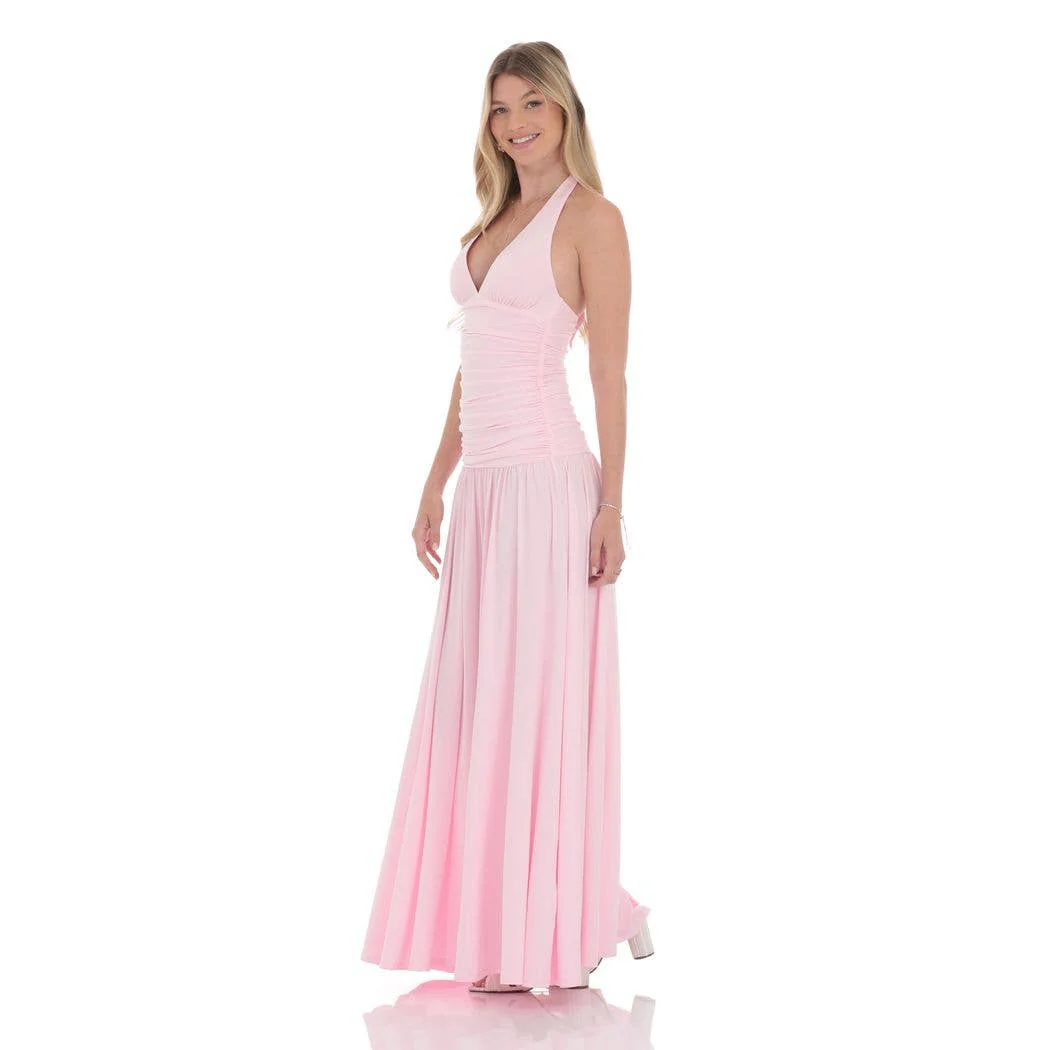 Halter Drop Waist Maxi Dress in Pink - luluinthesky
