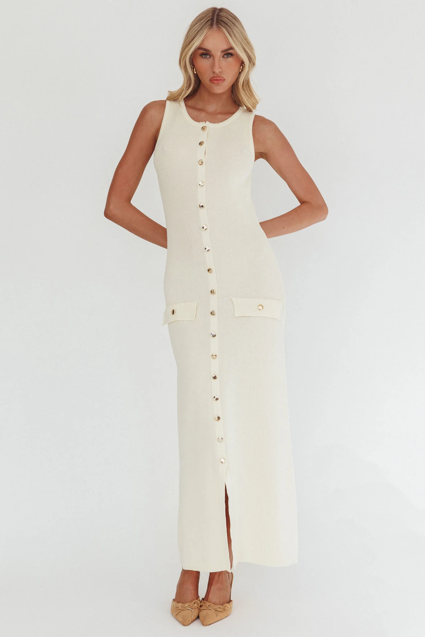 Kelani Gold Button Knit Maxi Dress Cream - luluinthesky