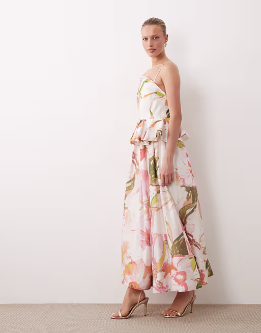 embellished peplum midi dress in watercolor floral print