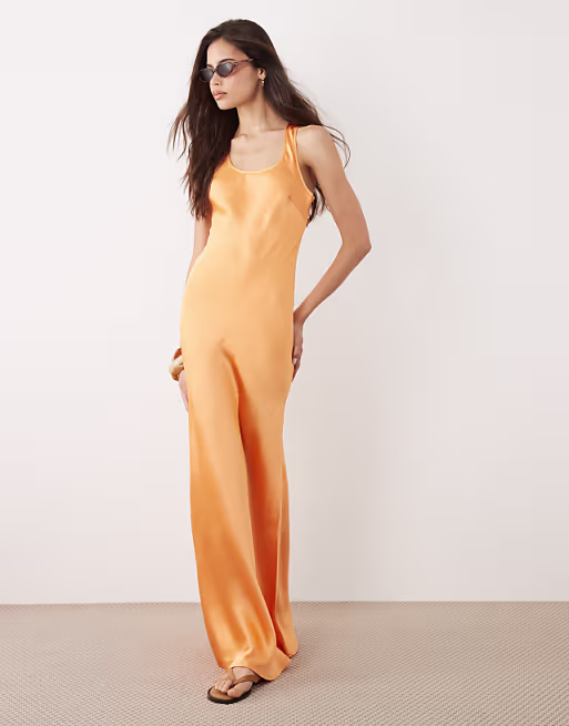 Tall scoop satin maxi dress in orange