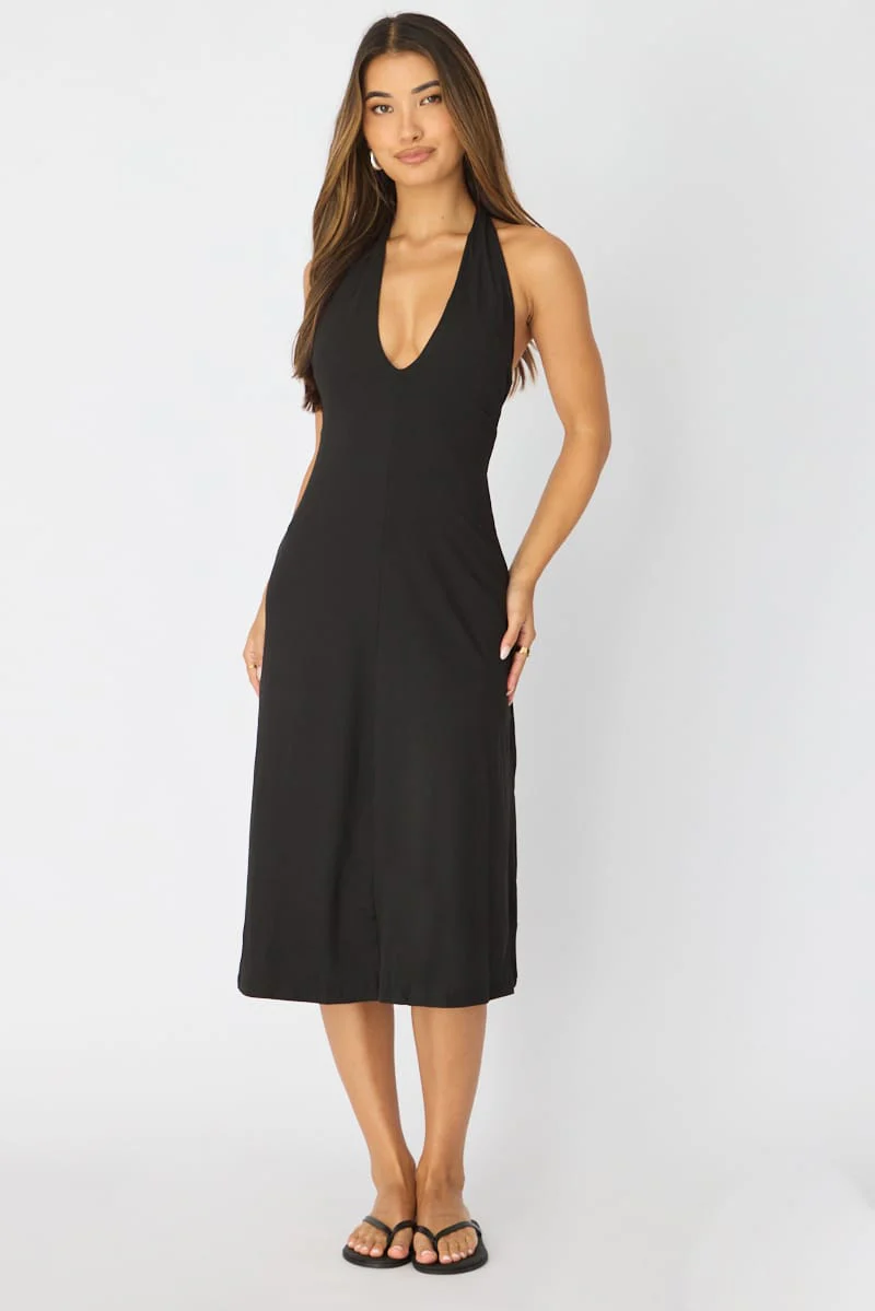 Black Midi Dress Deep V-neck