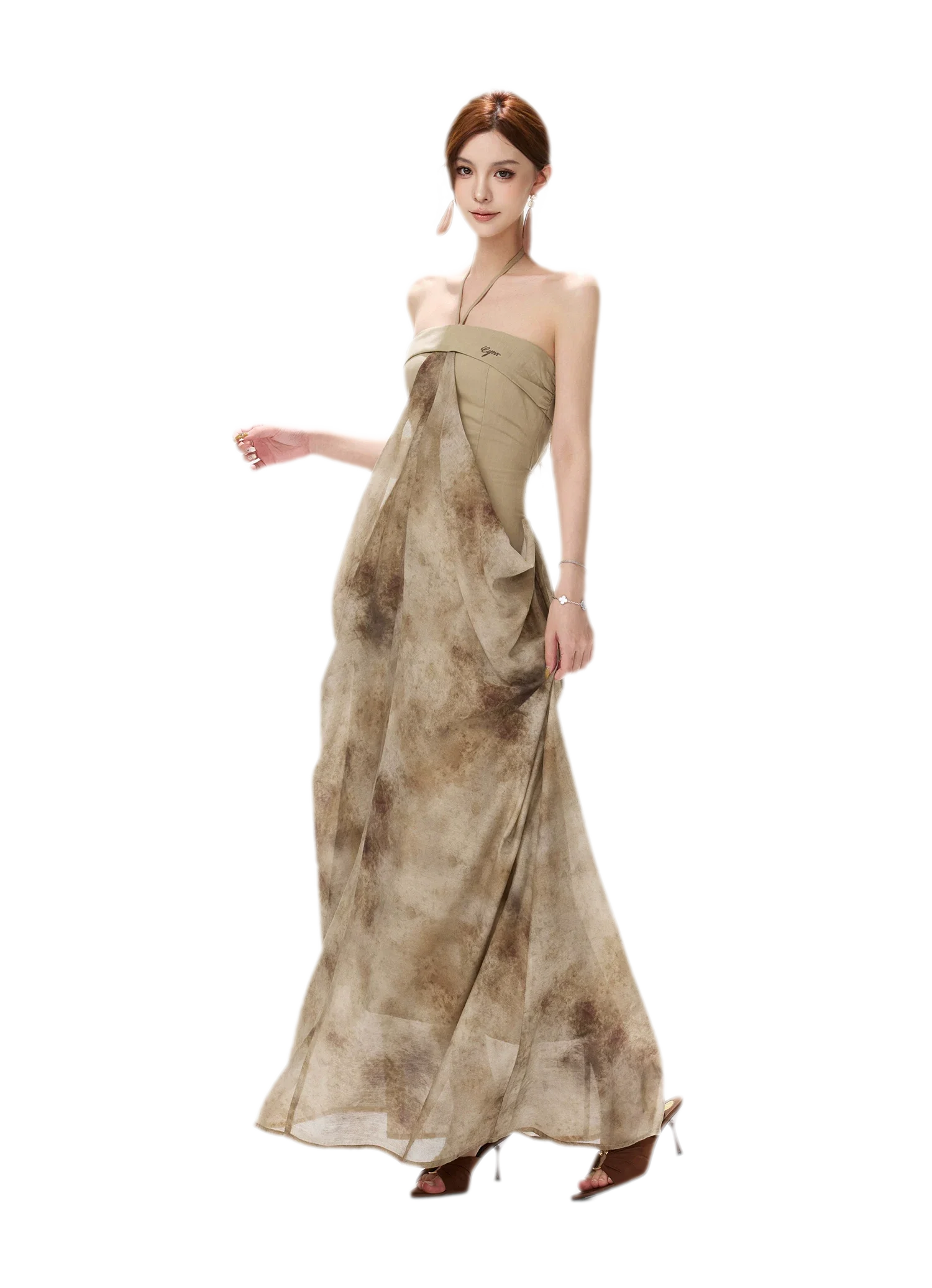Ink-Wash Pleated Halter Dress