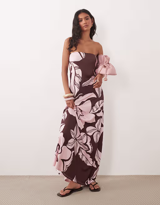 floral bandeau maxi dress in burgundy floral print