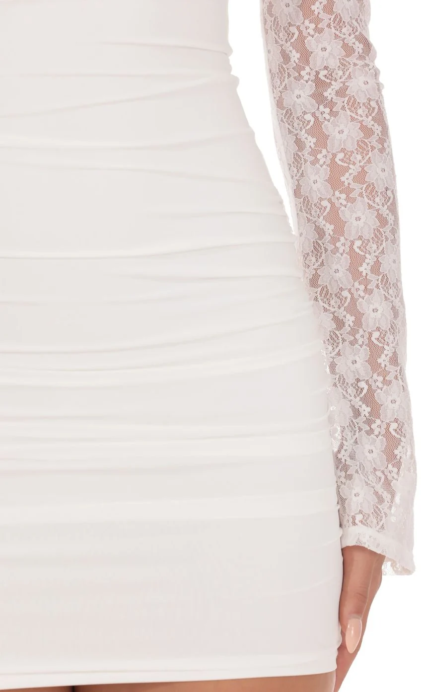 Sheer Lace Ruched Long Sleeve Mini Dress in White