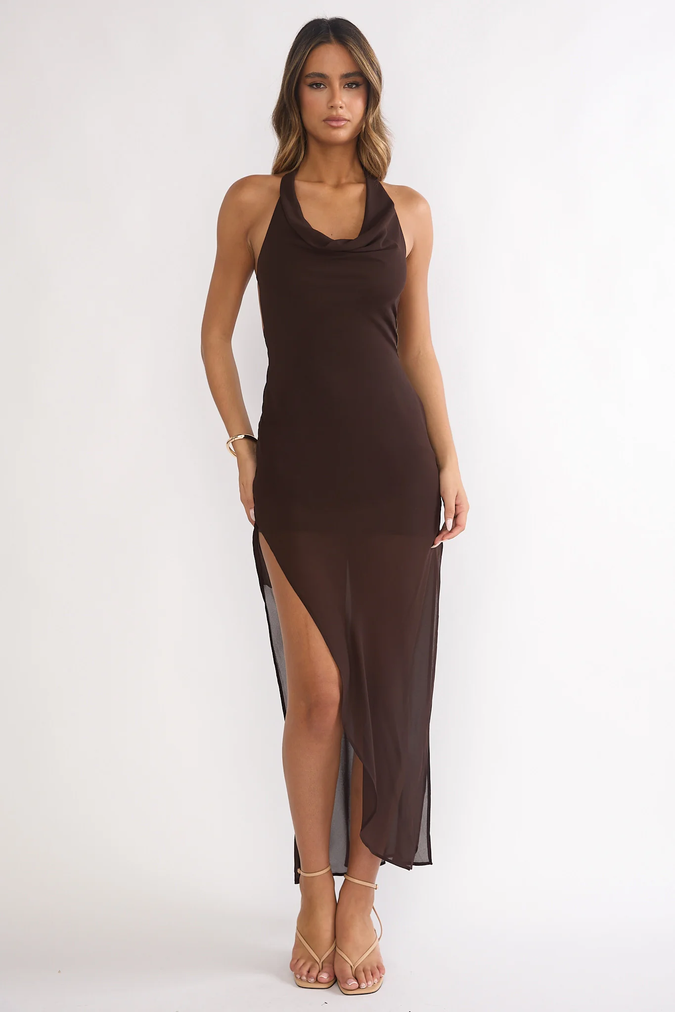 Make It Count Backless Cowl Maxi Dress Chocolate
