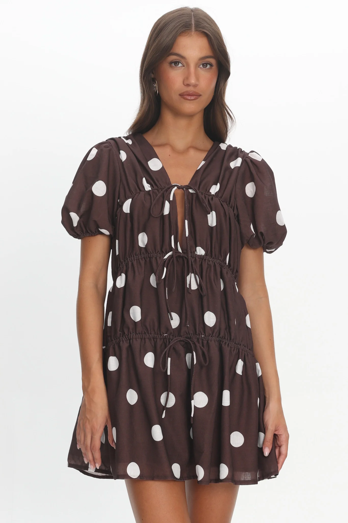 Antibes Tie Front Puff Sleeve Mini Dress Chocolate/White