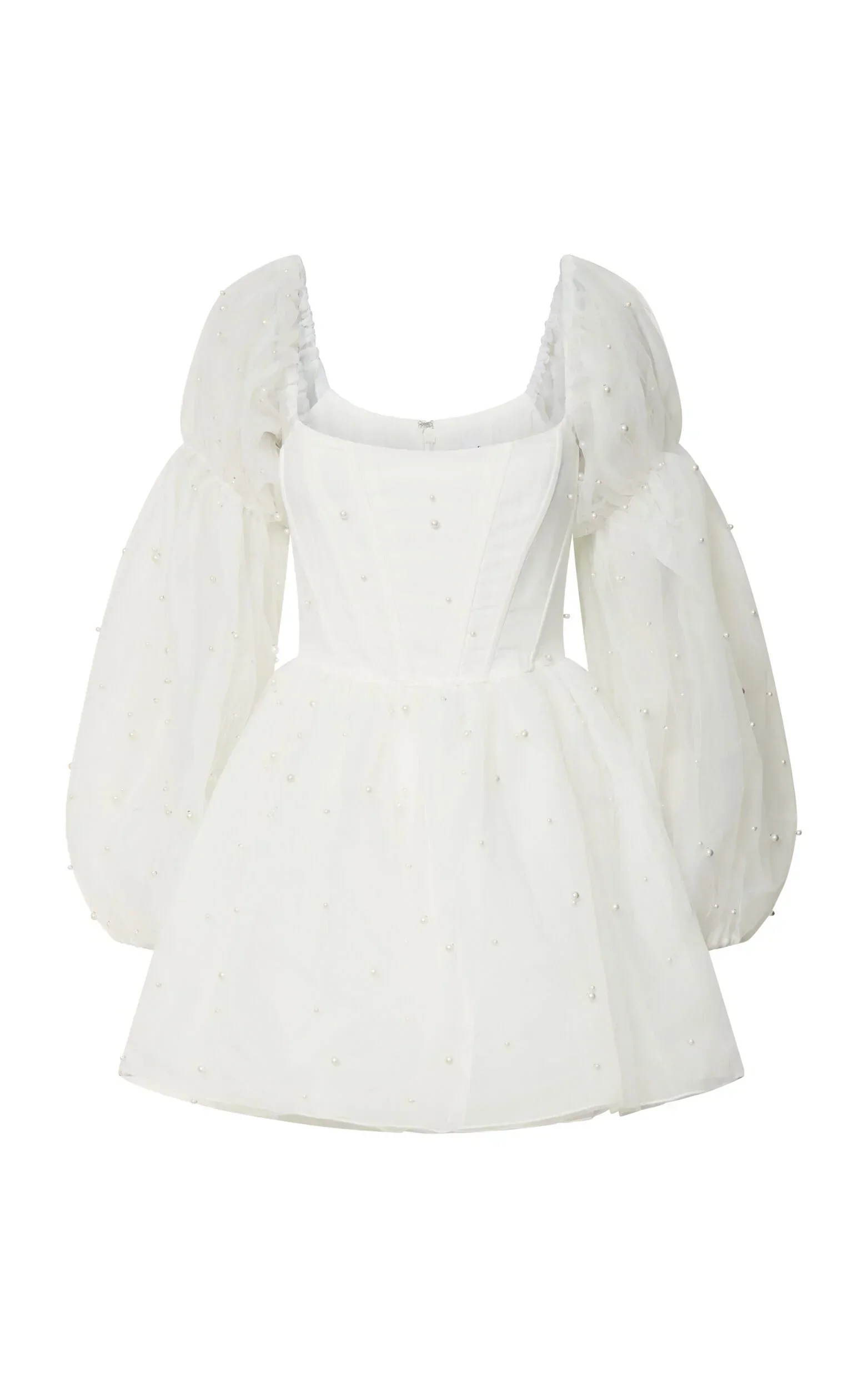 Ingrid Mini Dress - Long Puff Sleeve Pearl Detail Dress in White