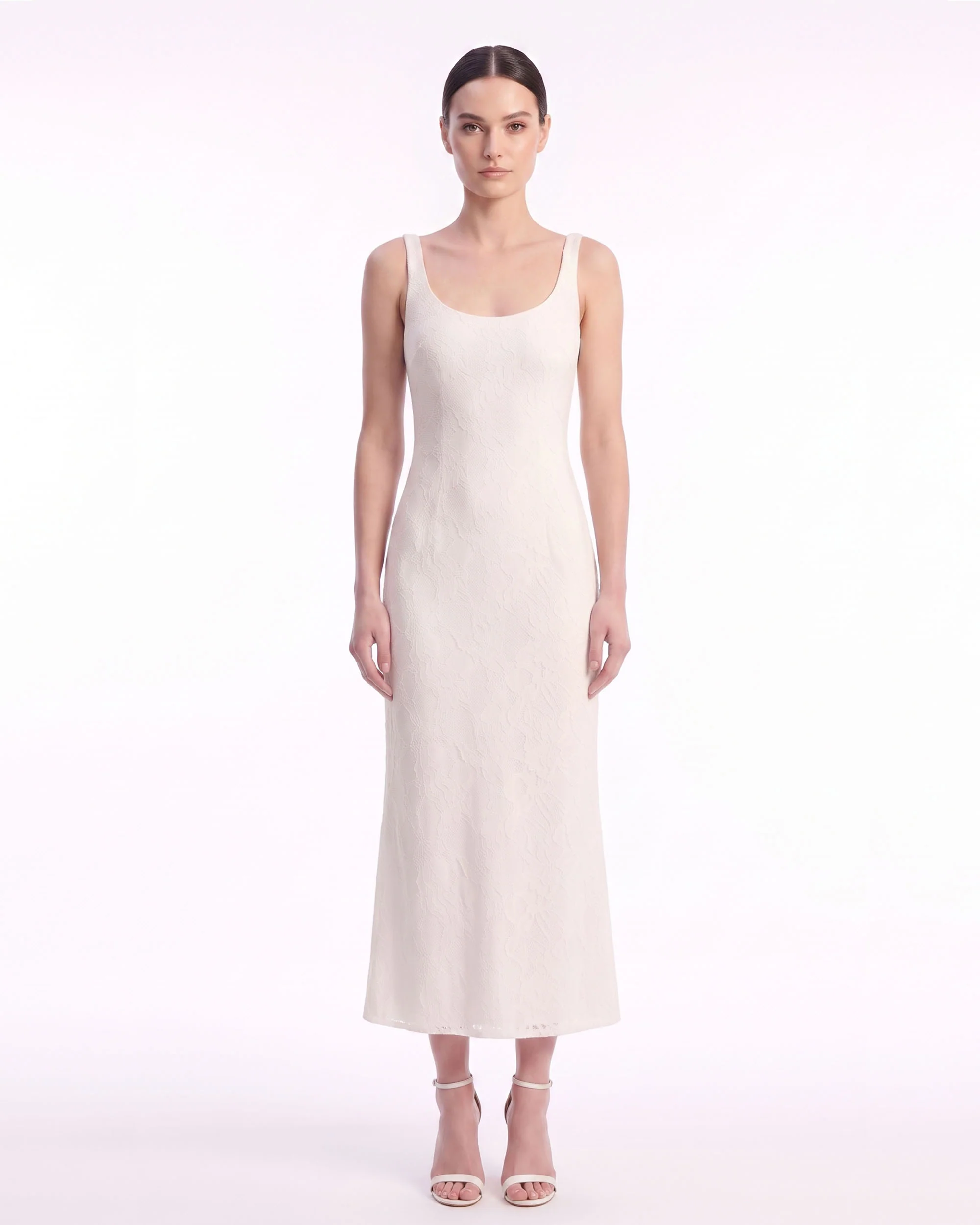 Textured Scoop Neck Column Midi Dress - Ivory - FASHION NOB