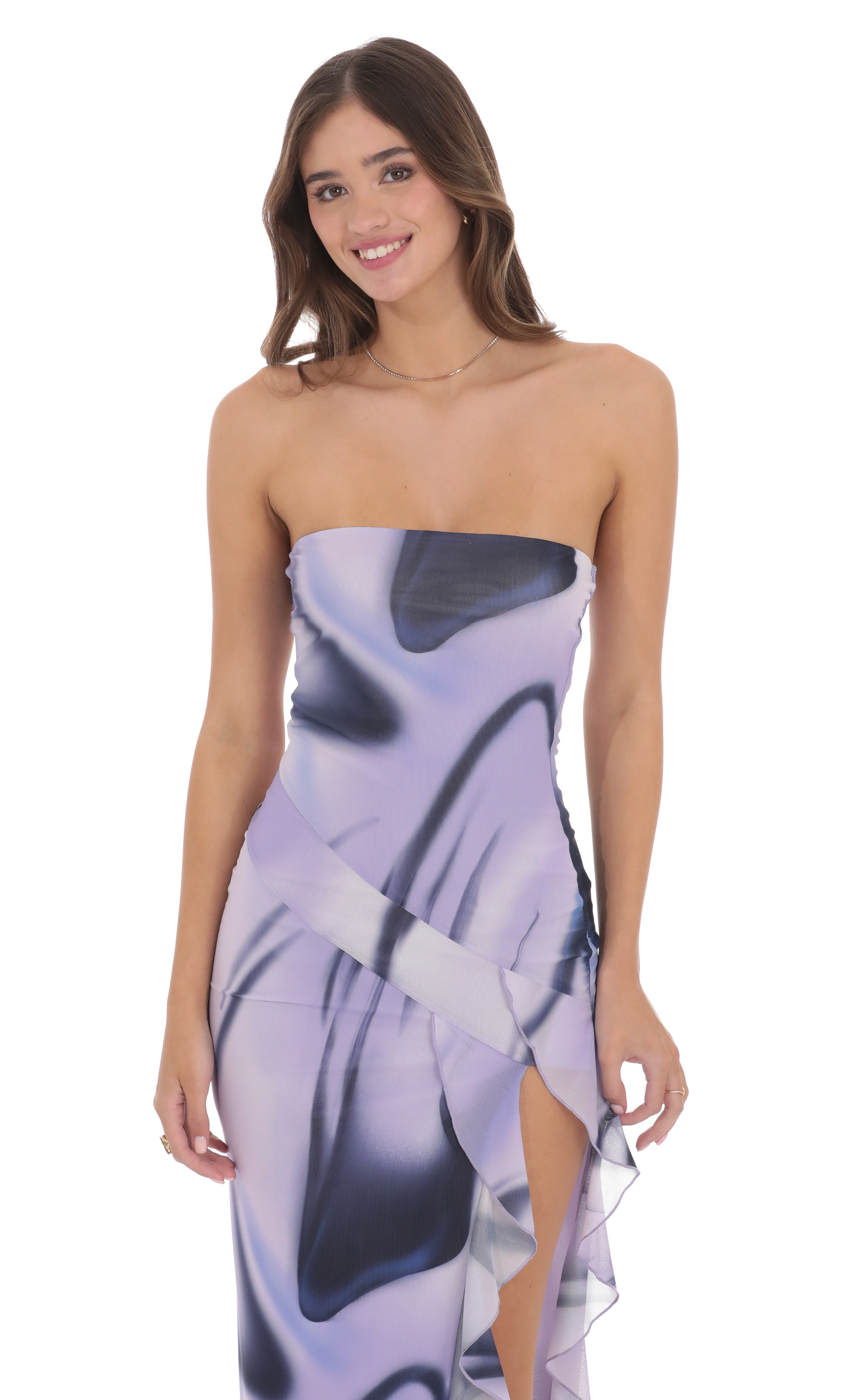 Swirl Mesh Strapless Ruffle Slit Dress in Purple - luluinthesky