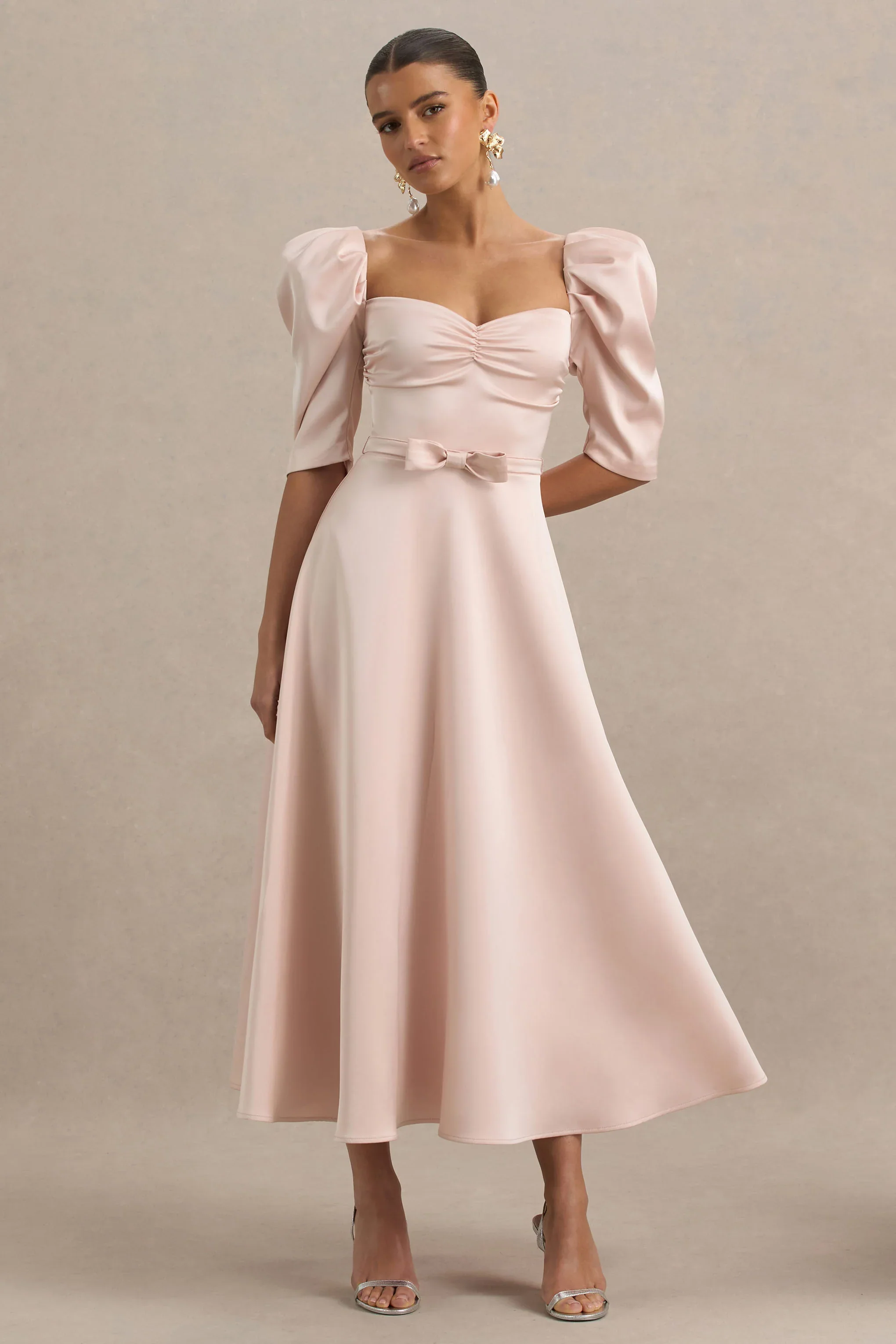 Rosey | Pale Pink Satin Sweetheart Midi Dress