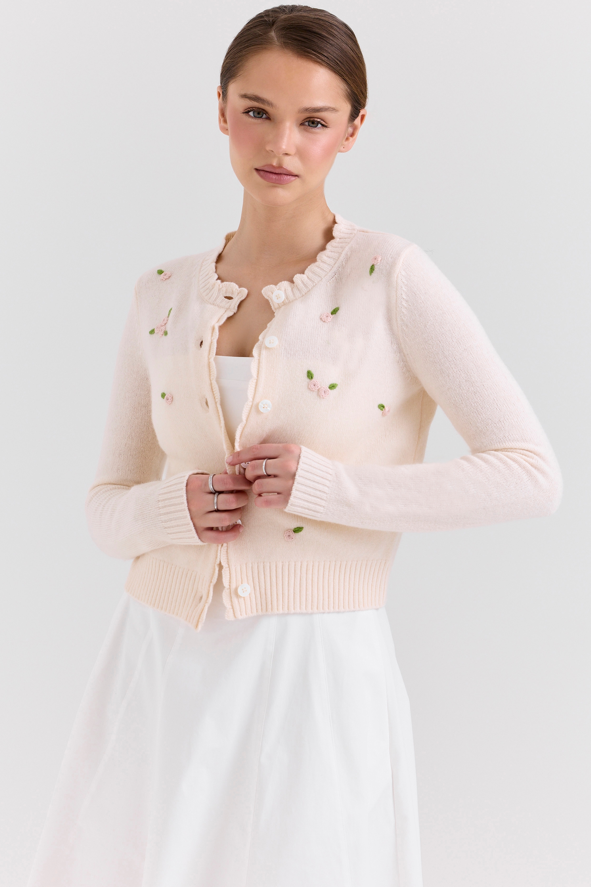 Cream Lambswool Rose Embroidered Cardigan