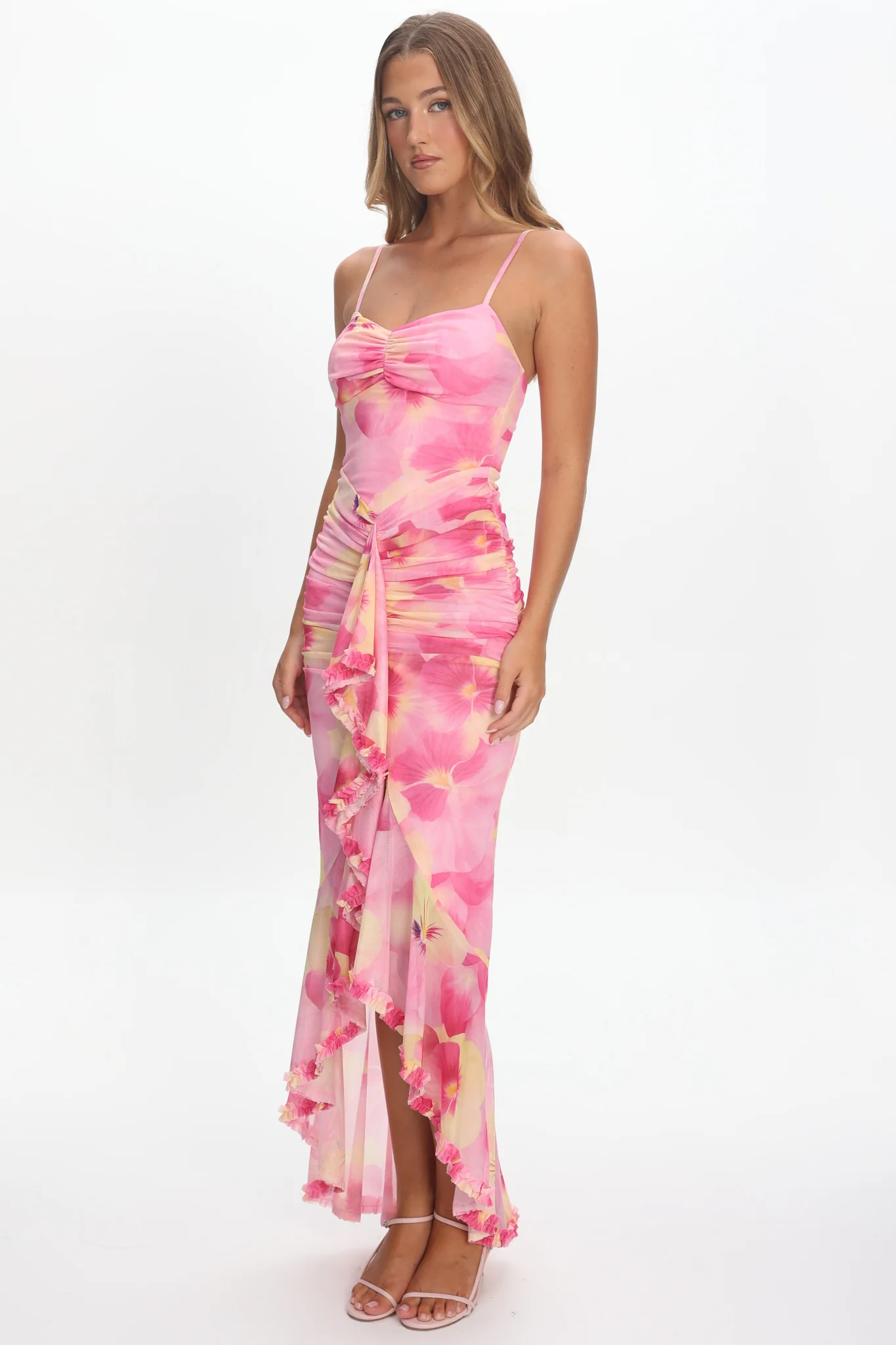 Kamilah Ruched Waist Ruffle Maxi Dress Print Pink