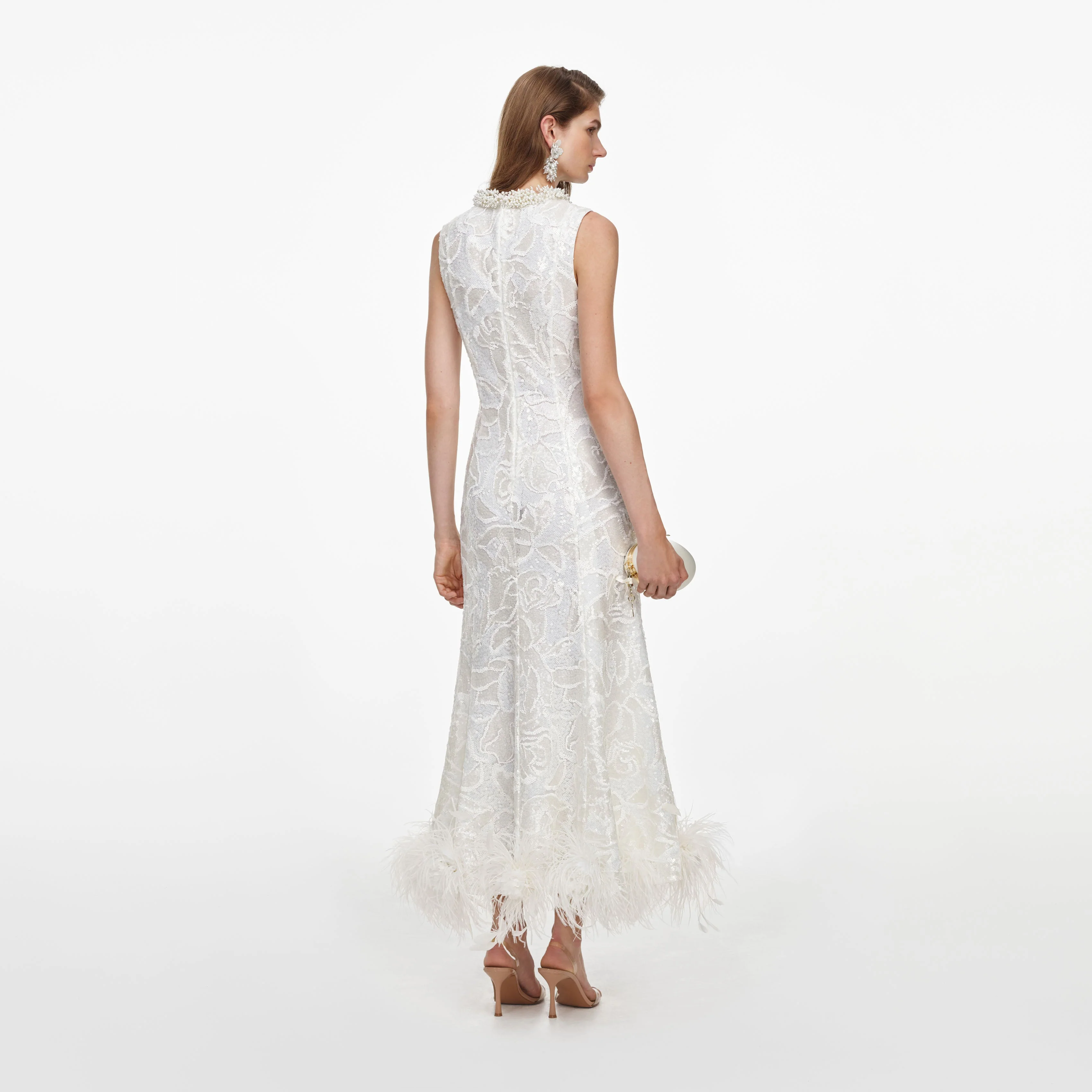 White Sequin Lace Feather Midi Dress