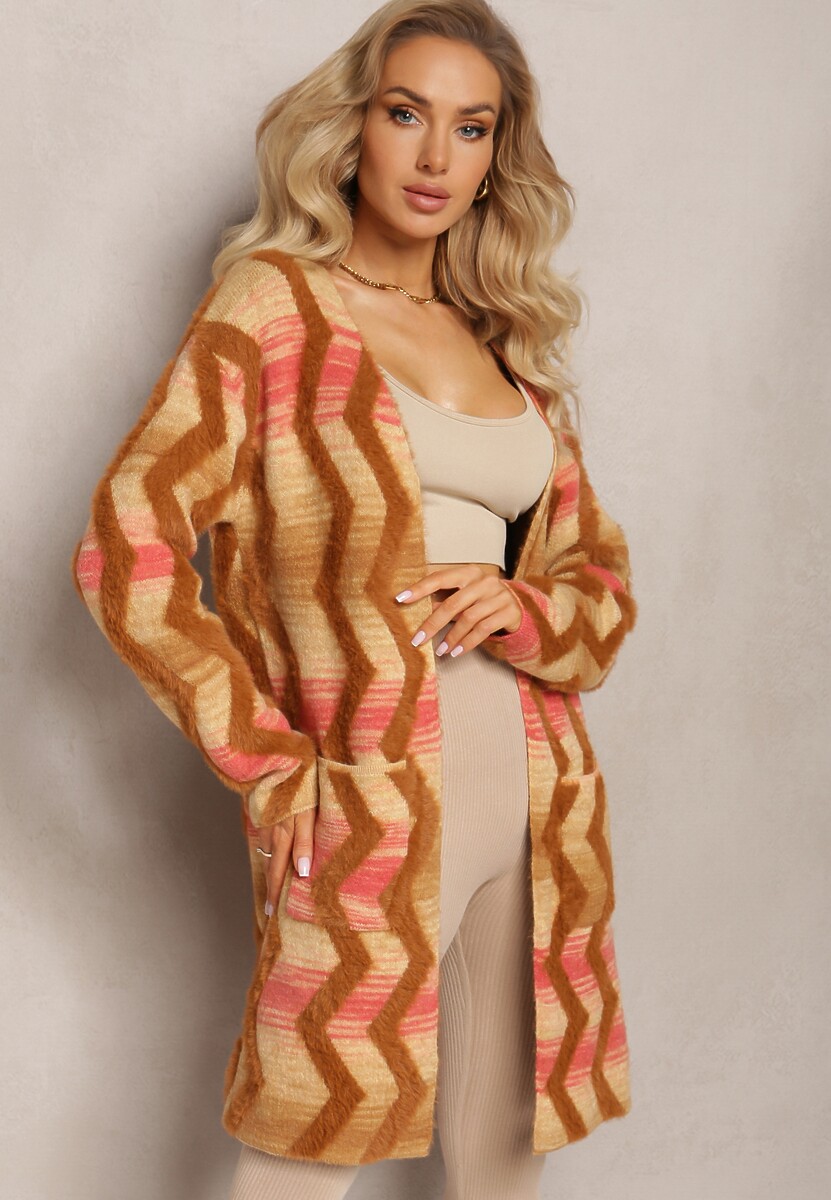 Jasnofioletowy Luźny Kardigan Niezapinany w Geometryczny Print Sheshy