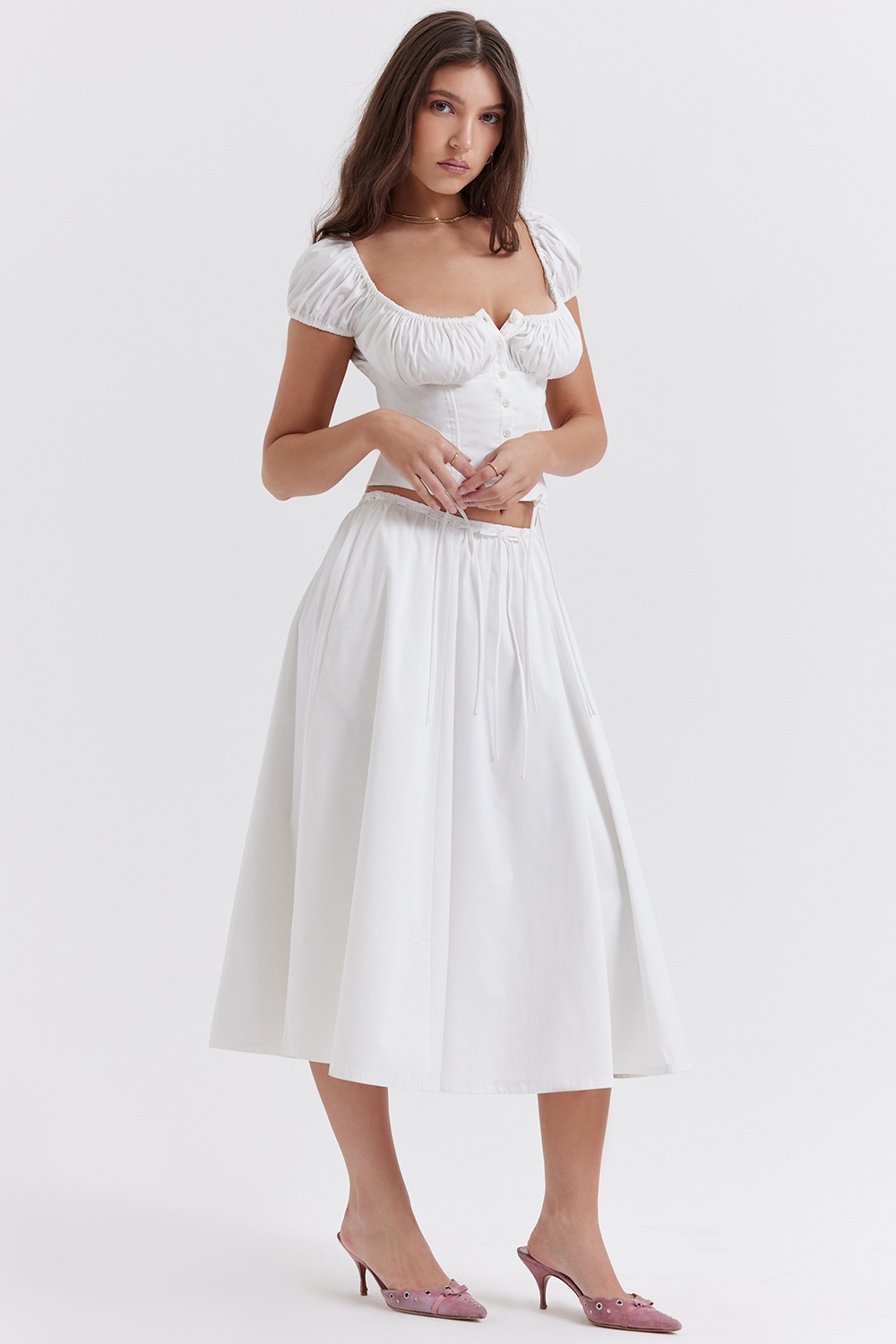 White Gathered Midi Skirt