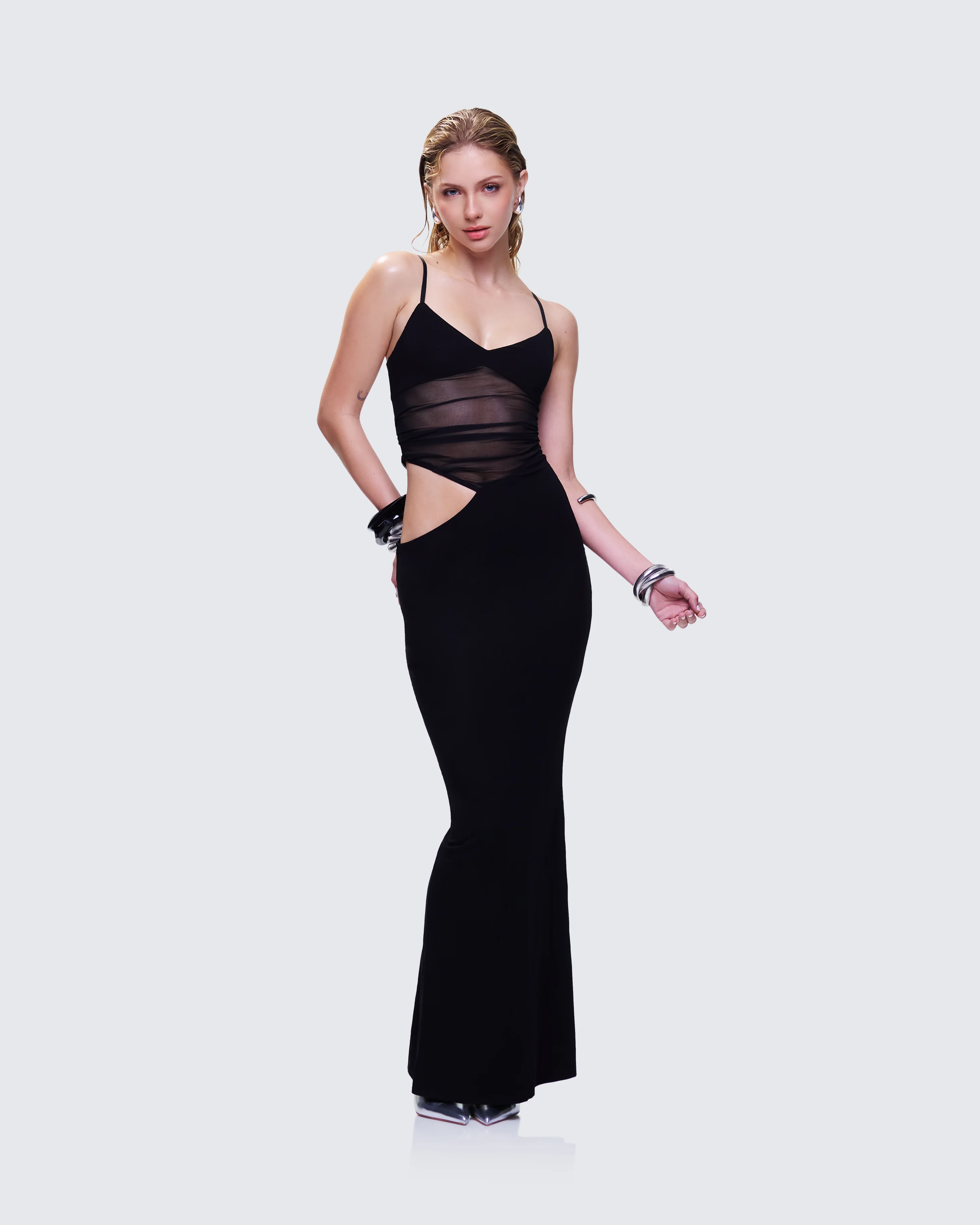 Philomena Black Mesh Window Maxi Dress