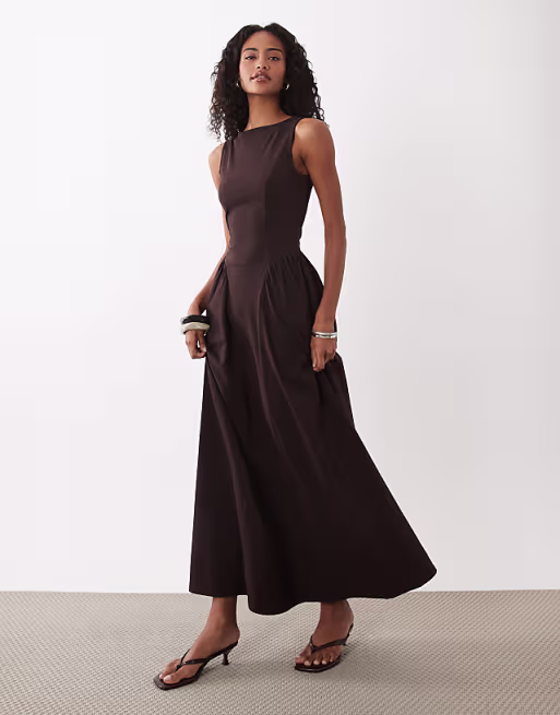 boat neck waist detail midi dress in chocolate