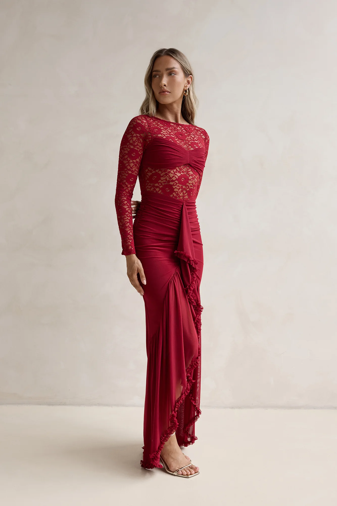 Flirtation Hour Lace Long Sleeve Maxi Dress Burgundy
