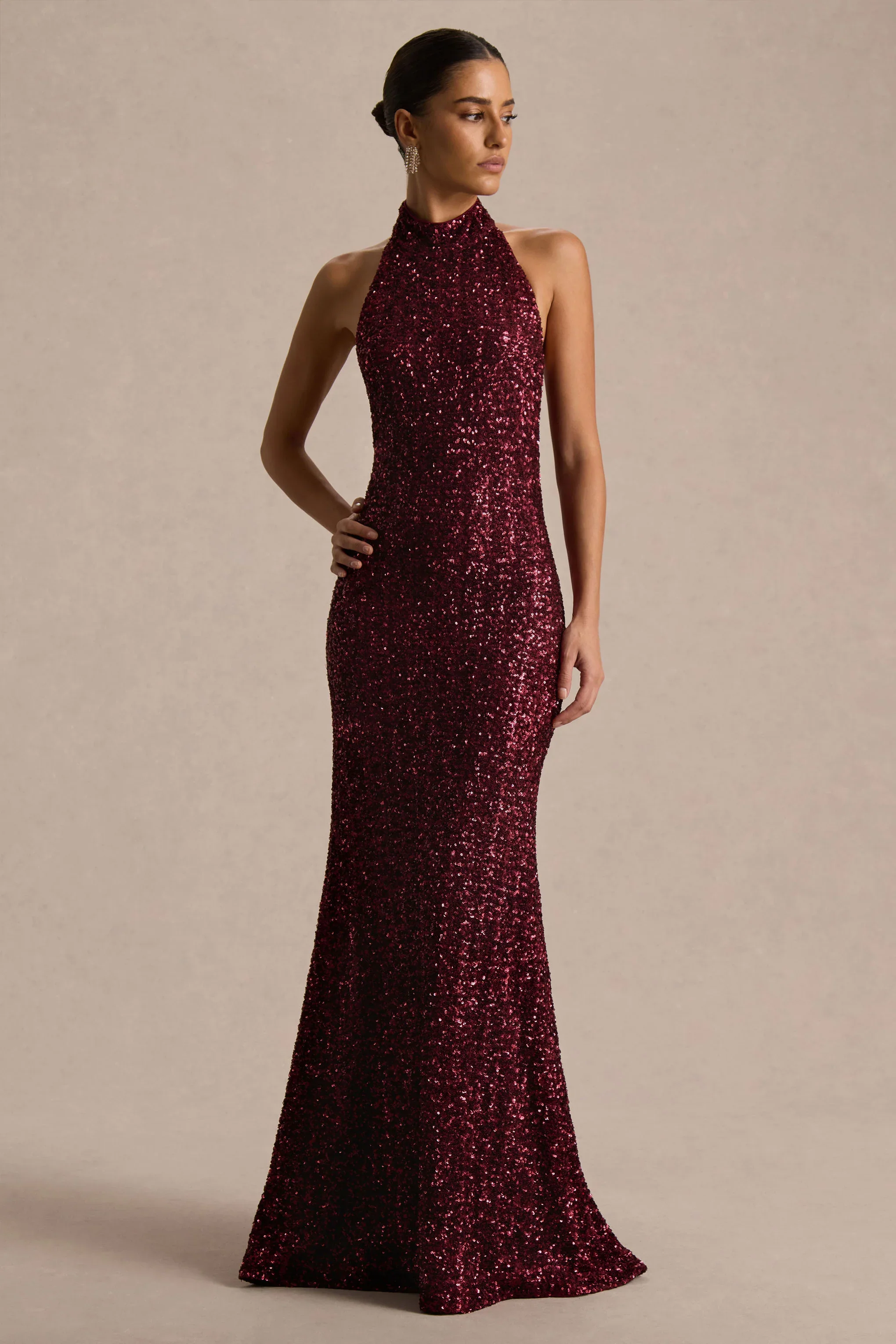 Tulia | Burgundy Sequin High-Neck Maxi Dress
