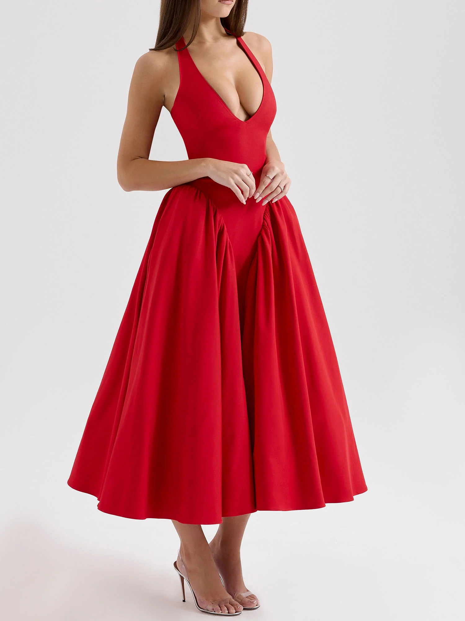 Pleated A-Line Halter Midi Dress