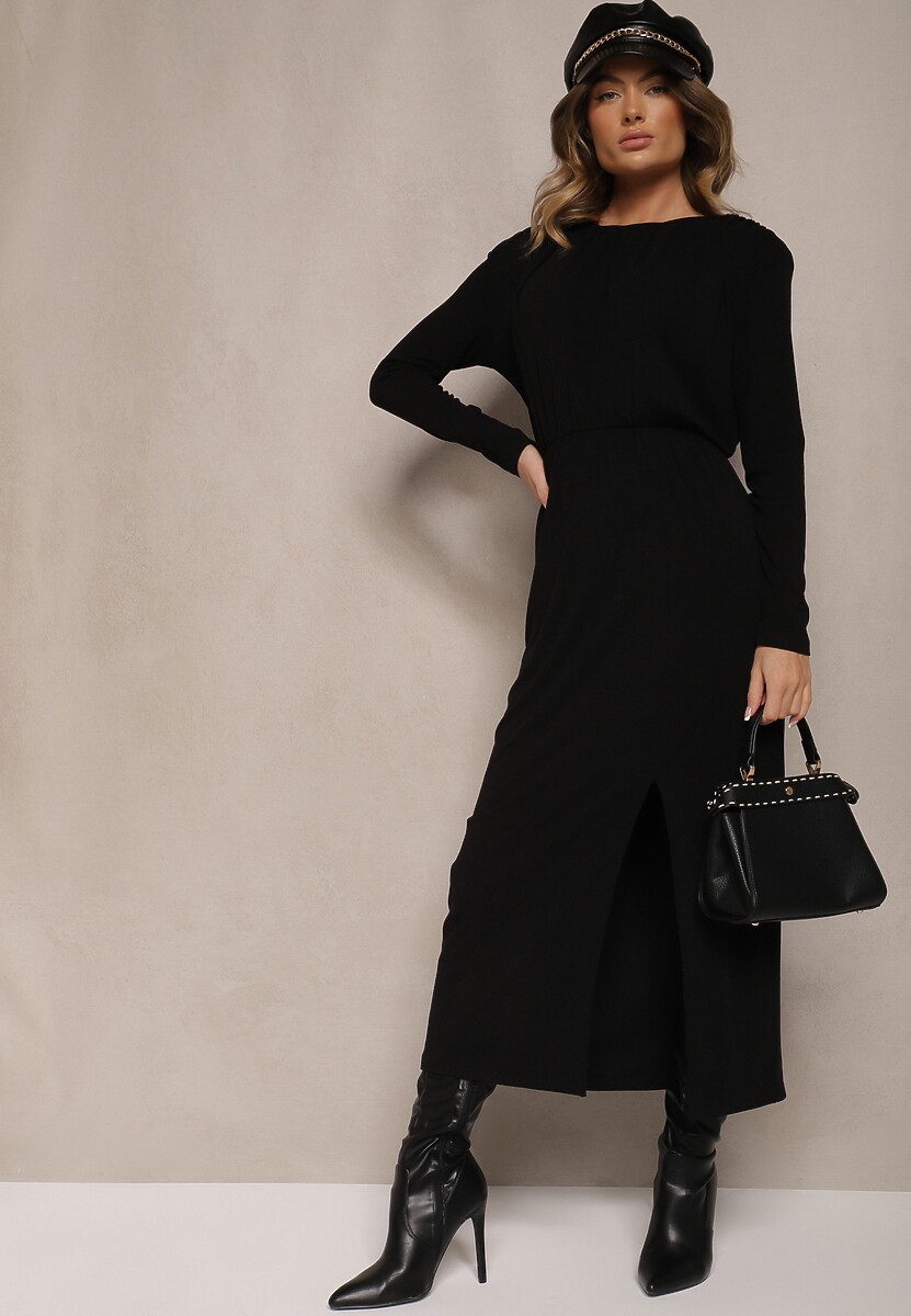 Czarna Elegancka Sukienka z Wiskozy z Gumką w Talii Zdobiona Eleganckim Rozcięciem Kistaria