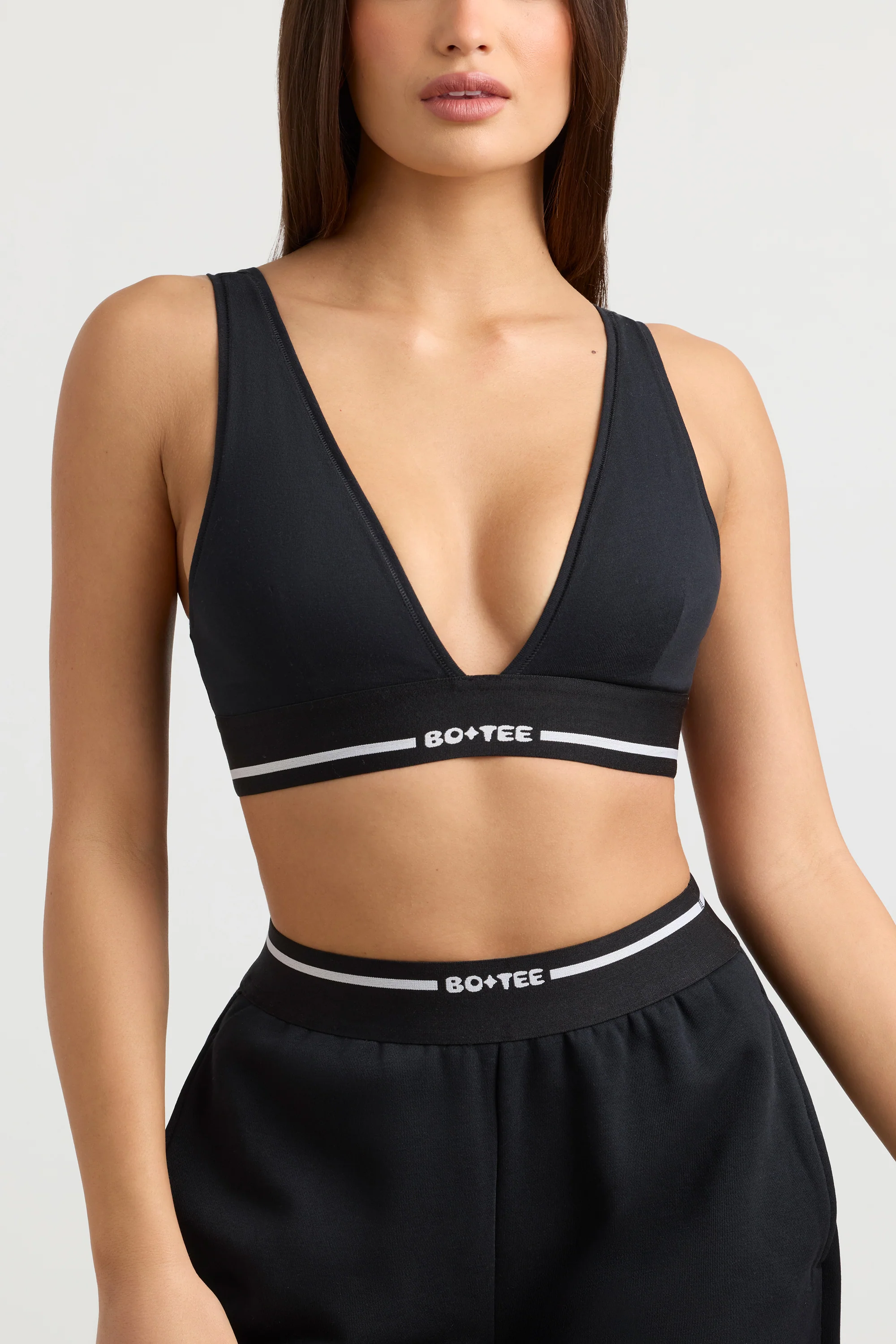 Stretch Cotton Jersey Plunge-Neck Crop Top in Black