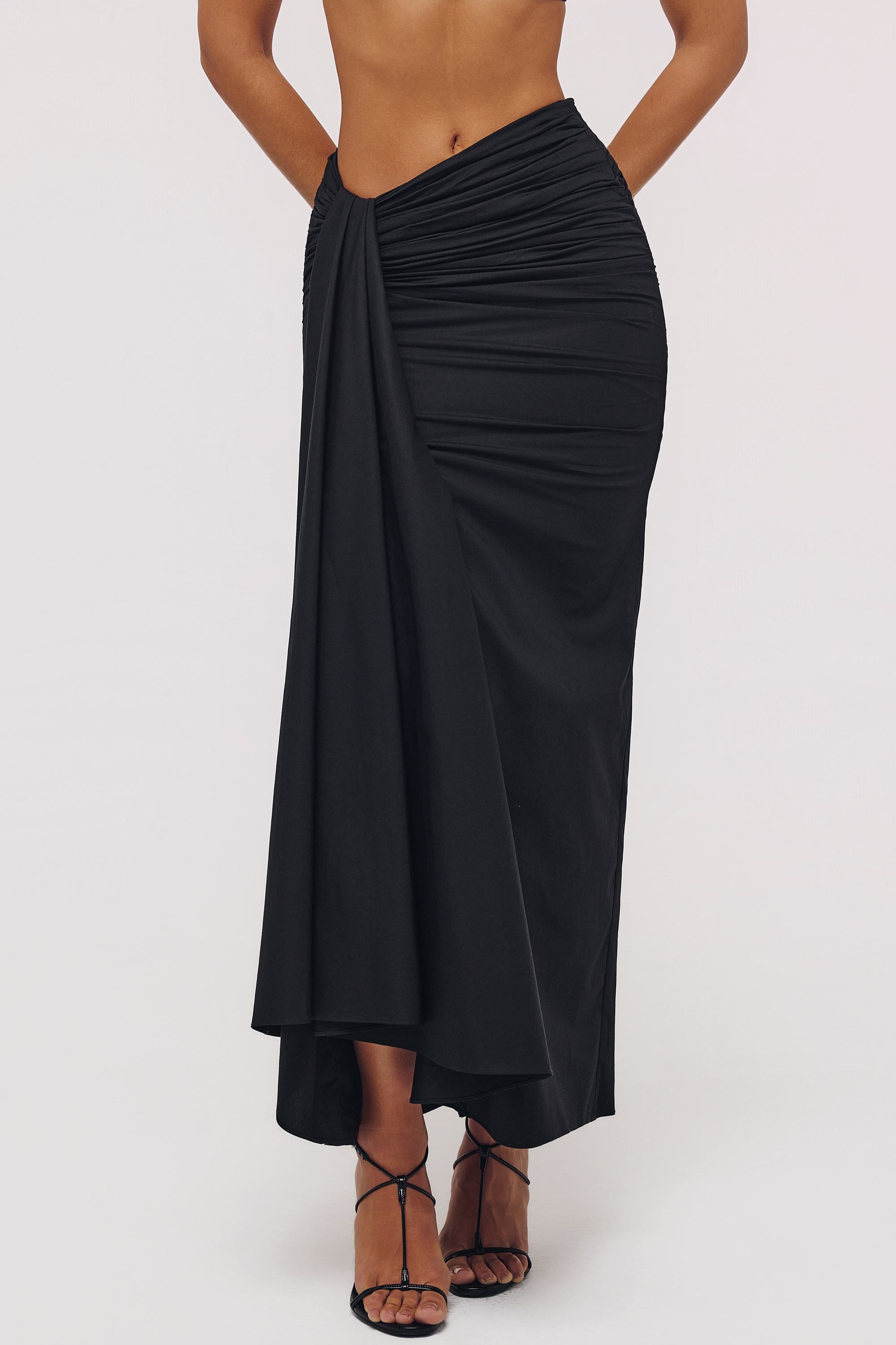Black Draped Cotton Midi Skirt