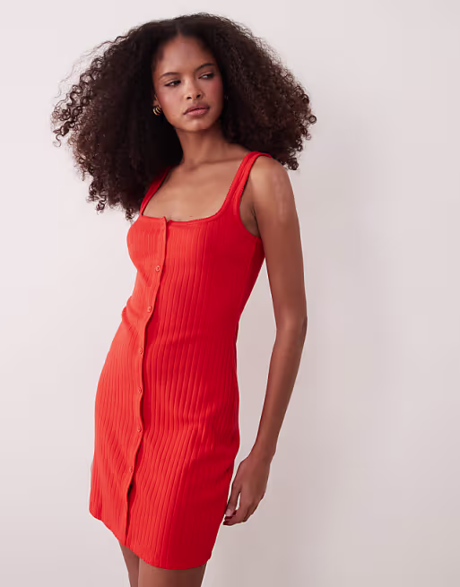 button down rib knit mini dress with picot trim in bright red