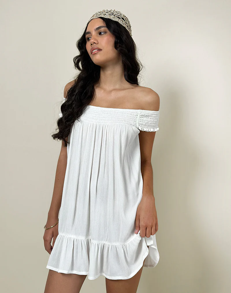 Panasi Bardot Babydoll Mini Dress in Off White