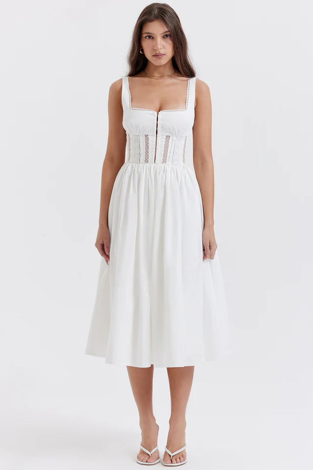 White Lace Trim Midi Dress