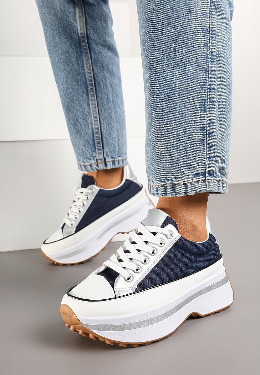 Biało-Złote Sneakersy na Tłoczonej Platformie w Streetwearowym Stylu Hanerith