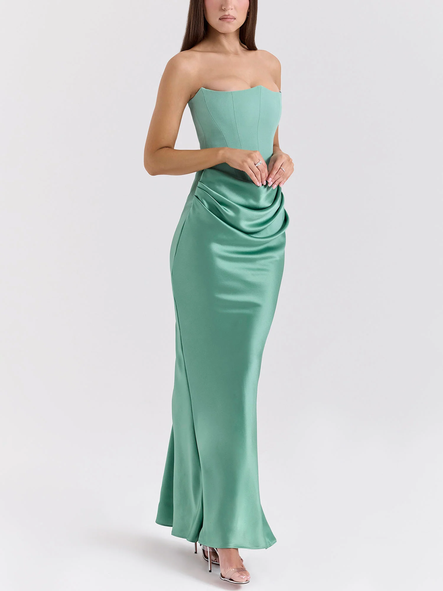 Green Strapless Draped Bodycon Maxi Dress