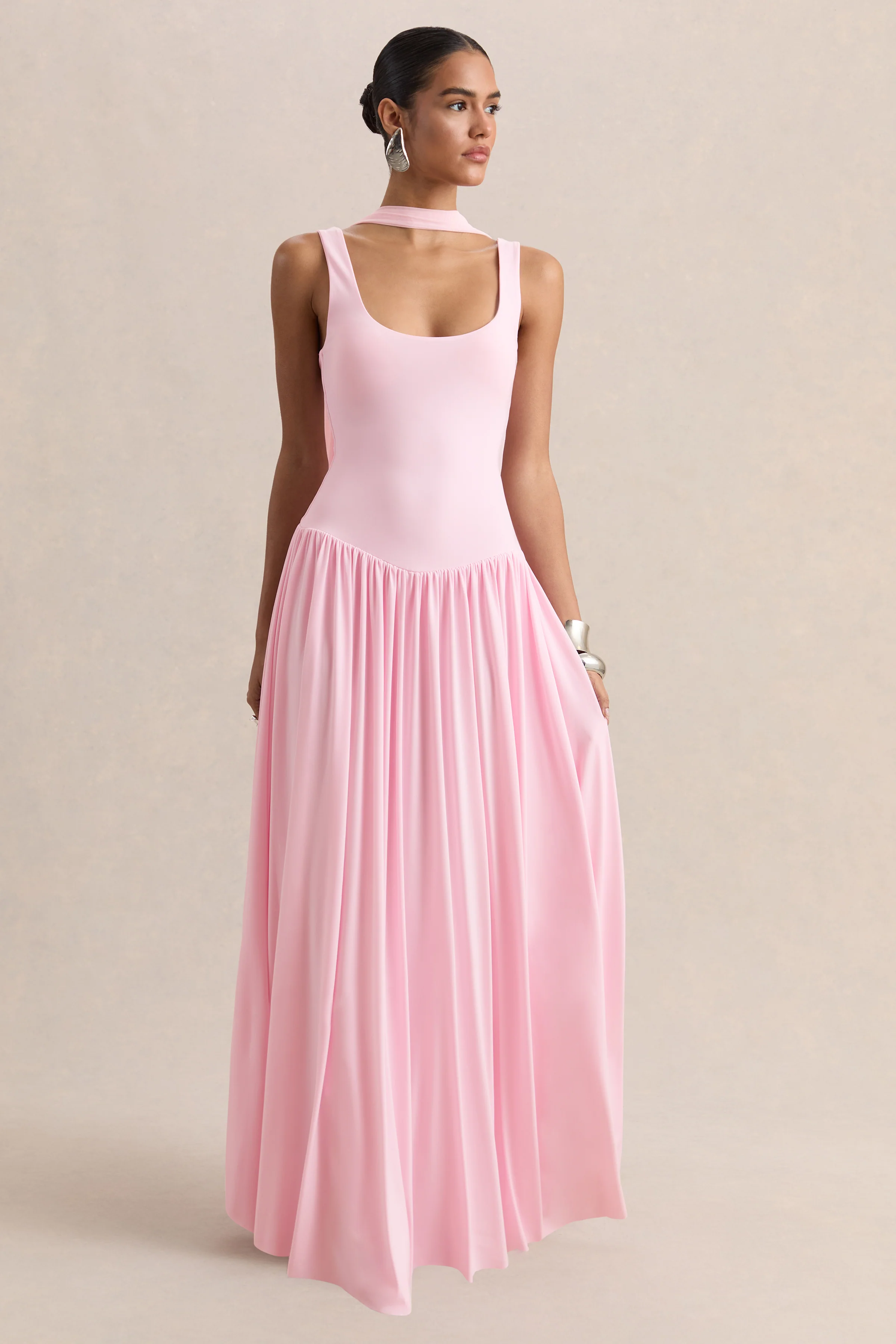 Aurina | Pink Square-Neck Maxi Dress With Scarf-Detail