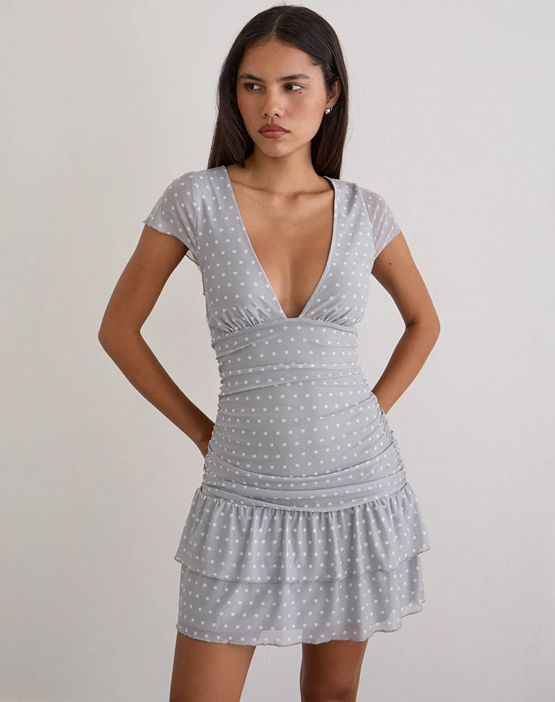 Mowgli Cap Sleeve Mini Dress in Grey with Micro White Polka