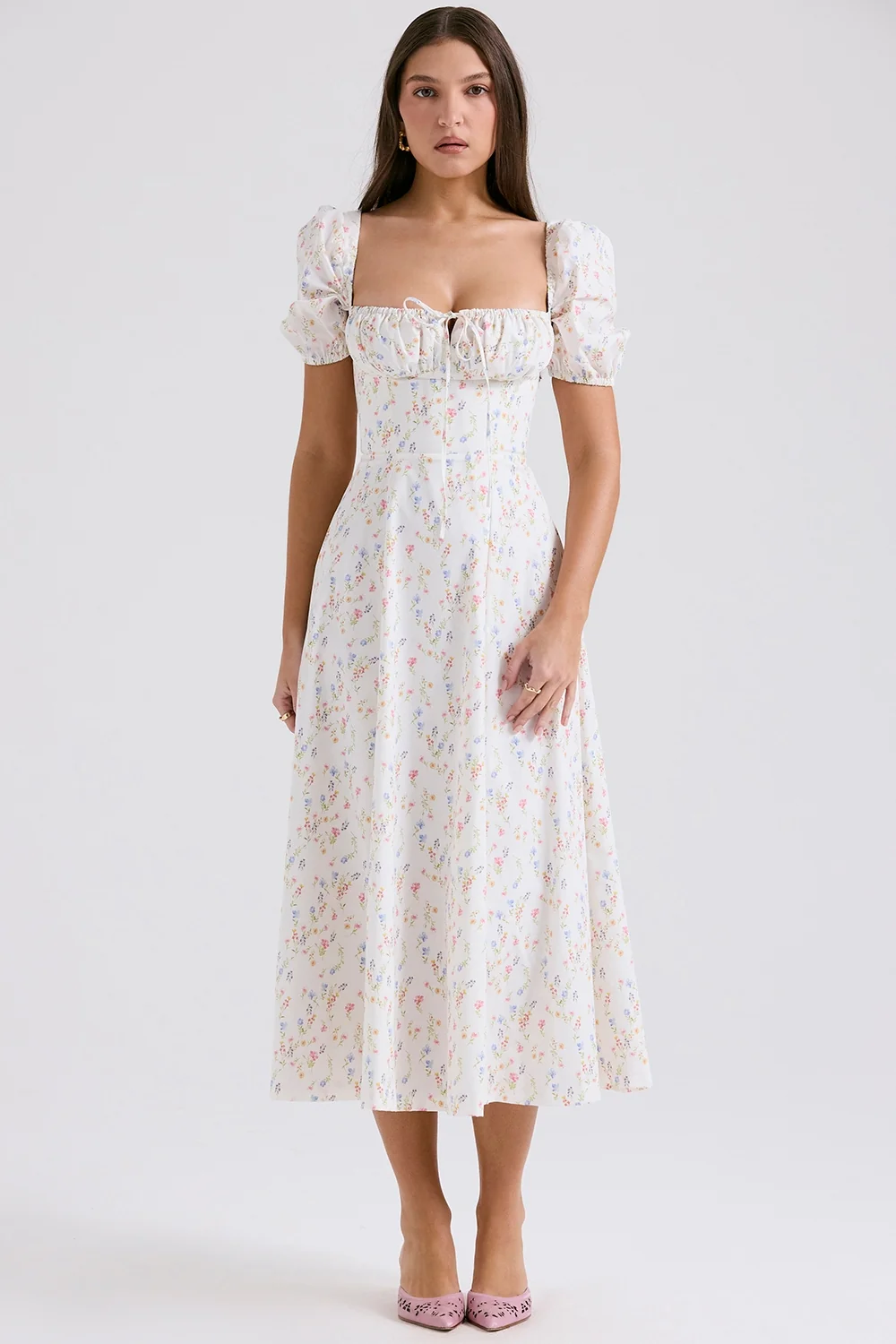 white posy print cotton puff sleeve midi sundress