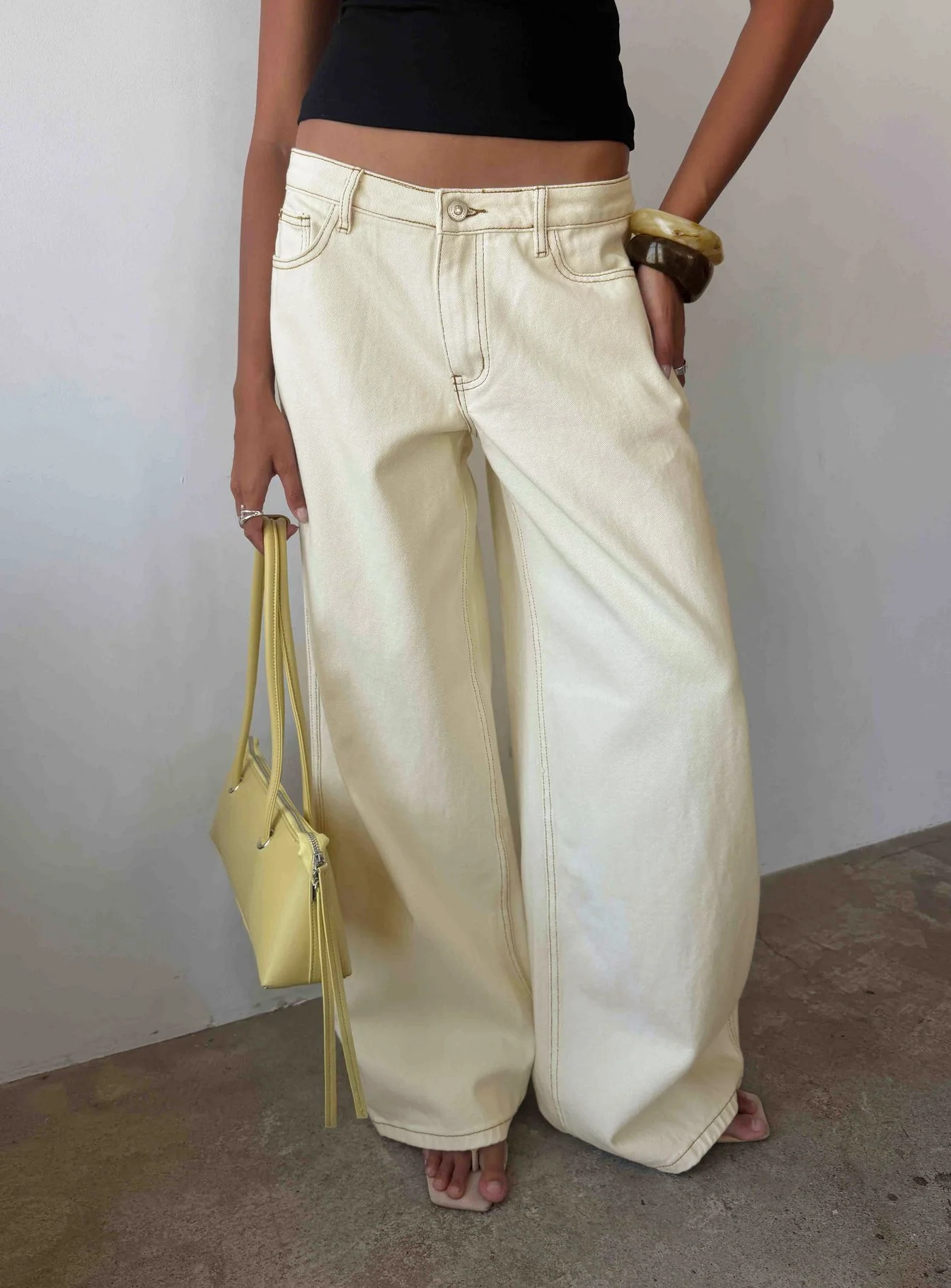 Ramos Low Rise Wide Leg Denim Jeans Cream