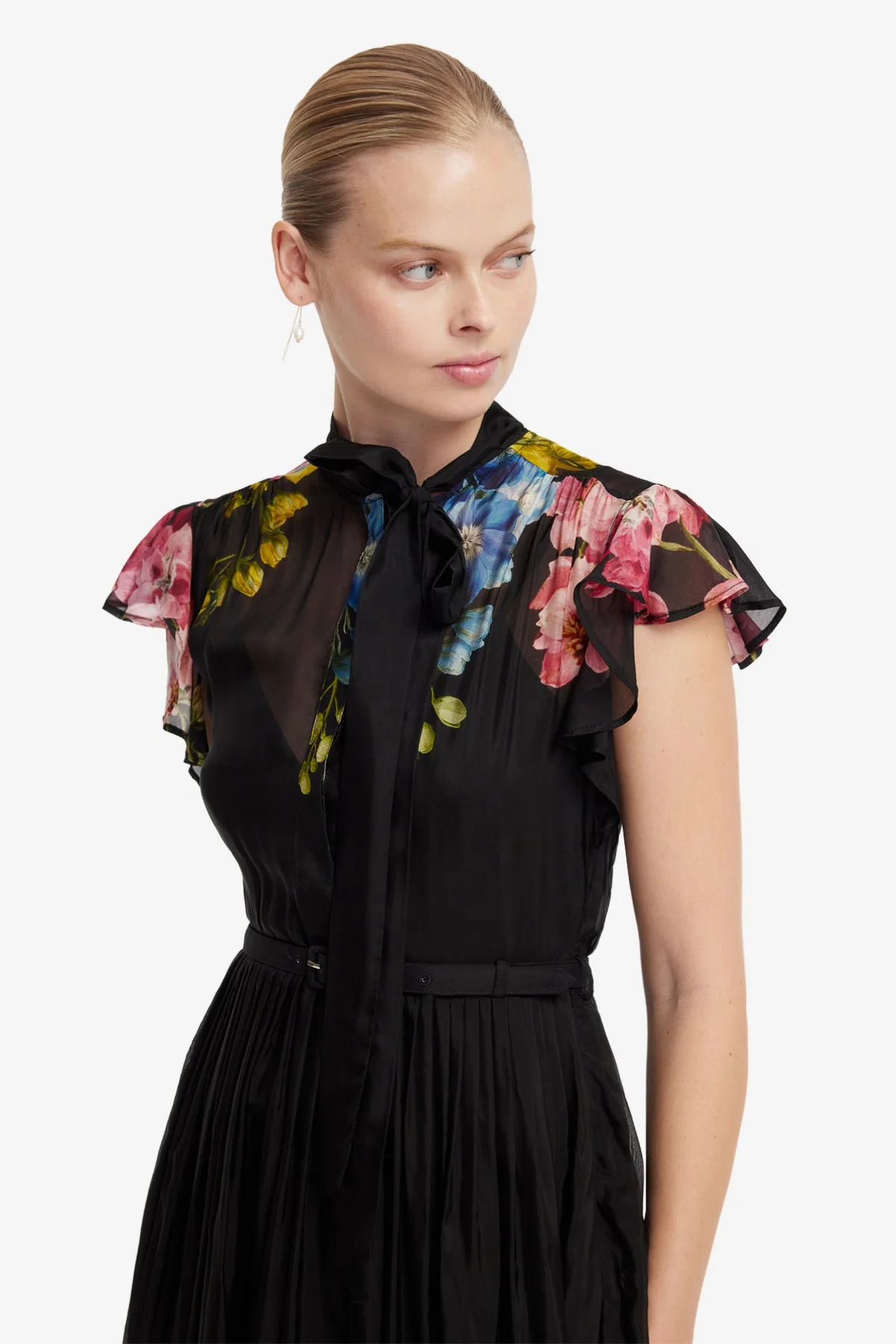 Grace Flutter Sleeve Midi Dress - Snapdragon Print in Ebony