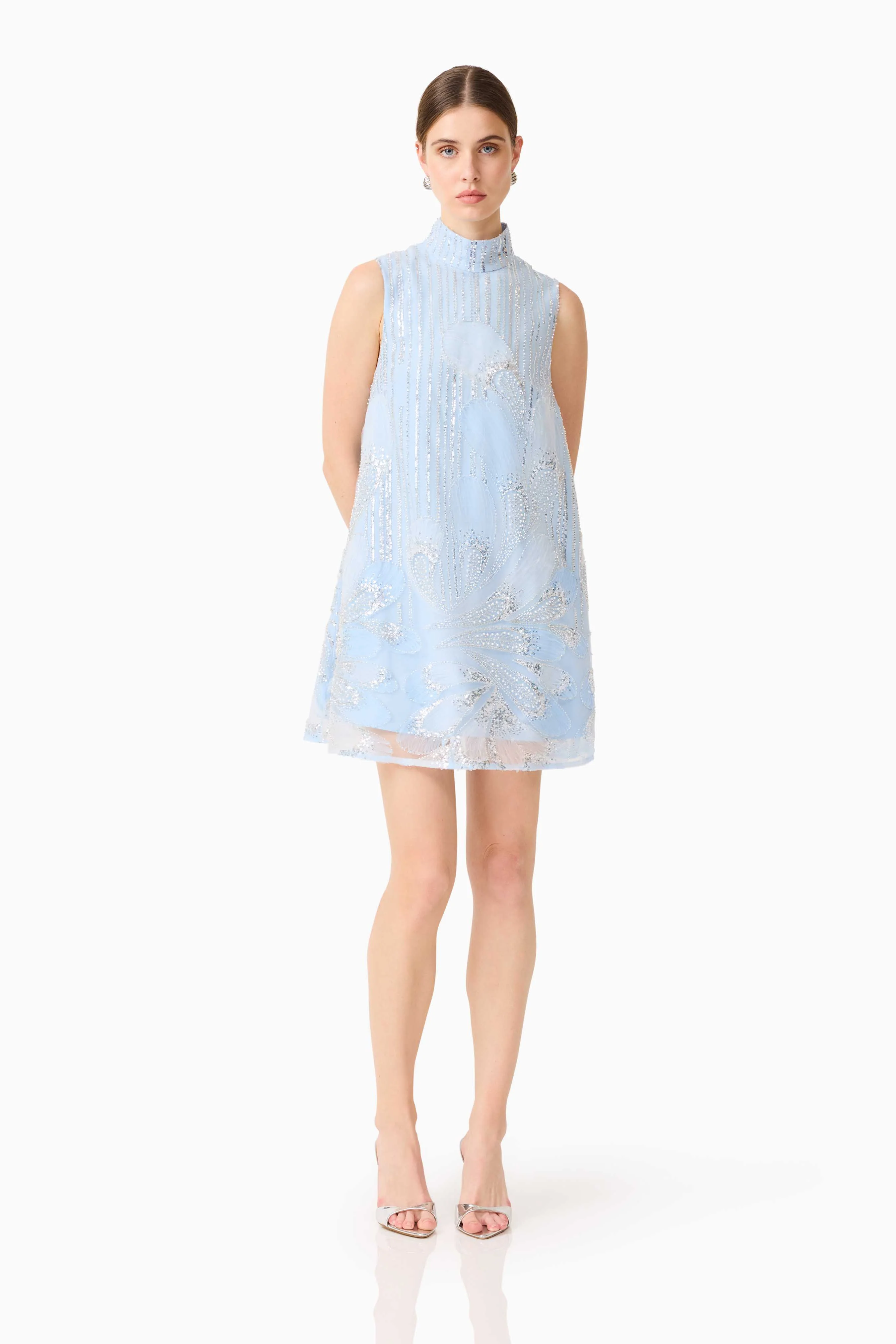 Annabelle Embellished Shift Mini Dress in Blue