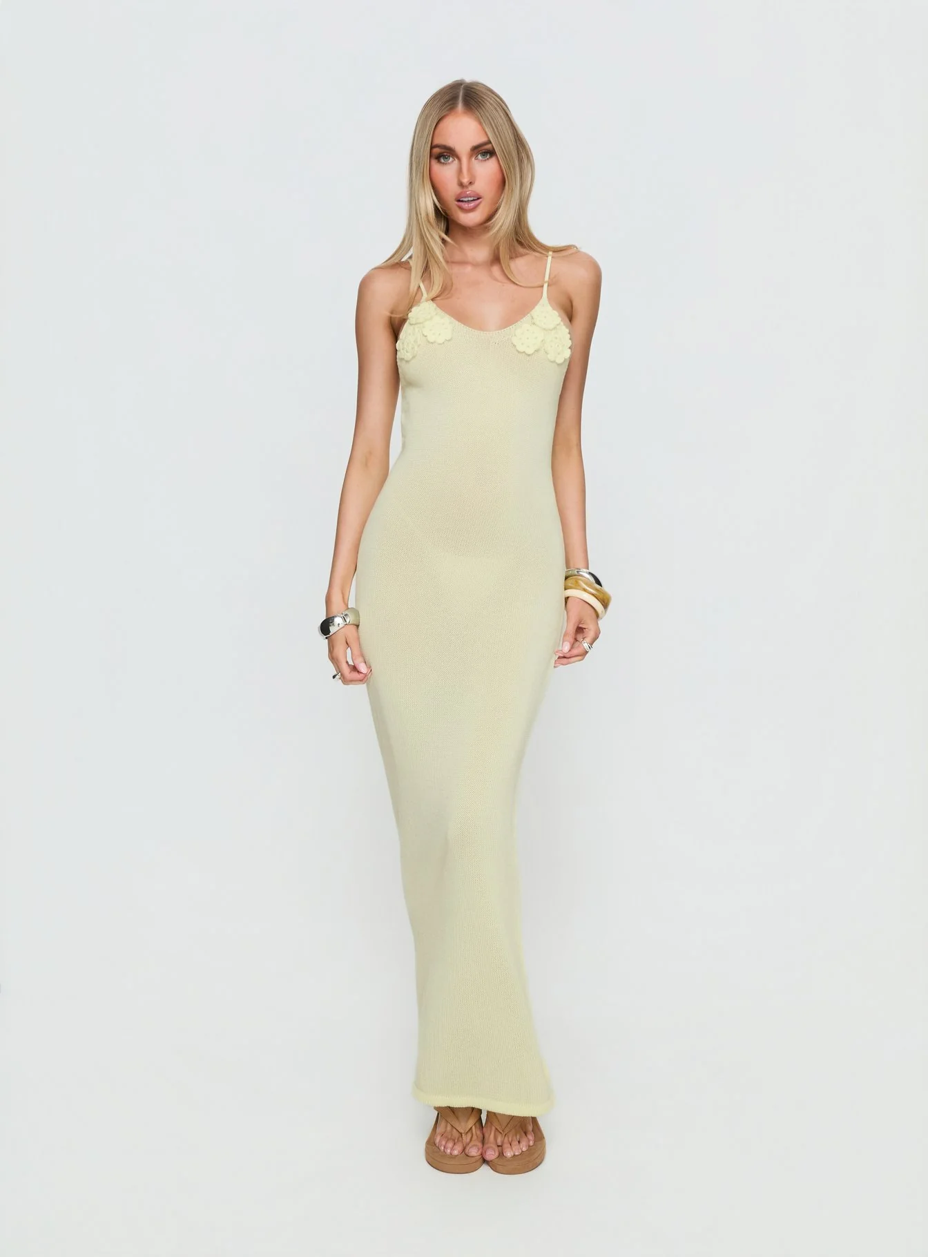 Cinderella Knit Floral Detail Maxi Dress Lemon Yellow - luluinthesky